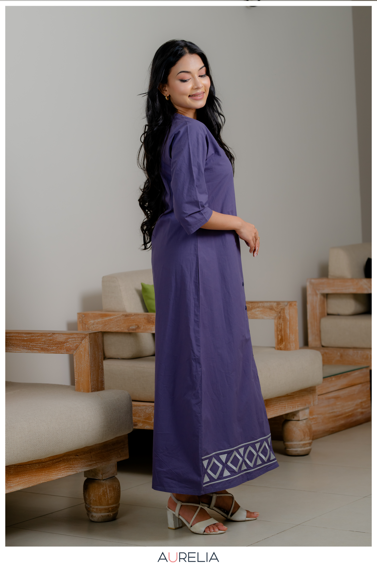 Midnight Violet Button-Down Embroidered Dress