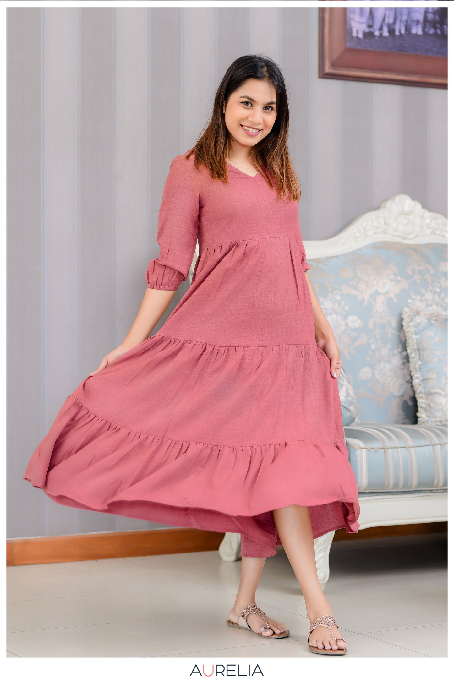 V NECKLINE SOLID LAYERED DRESS