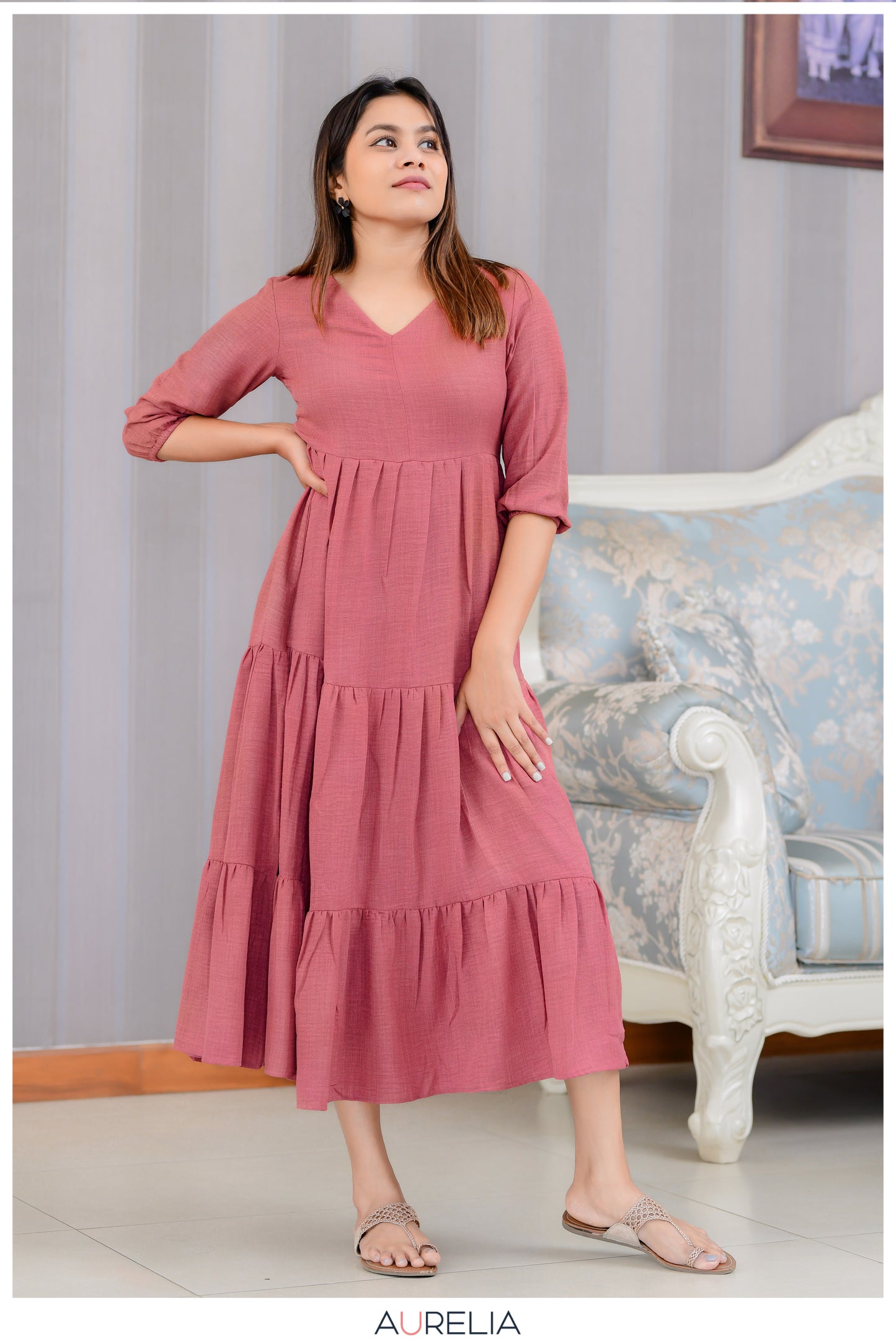 V NECKLINE SOLID LAYERED DRESS