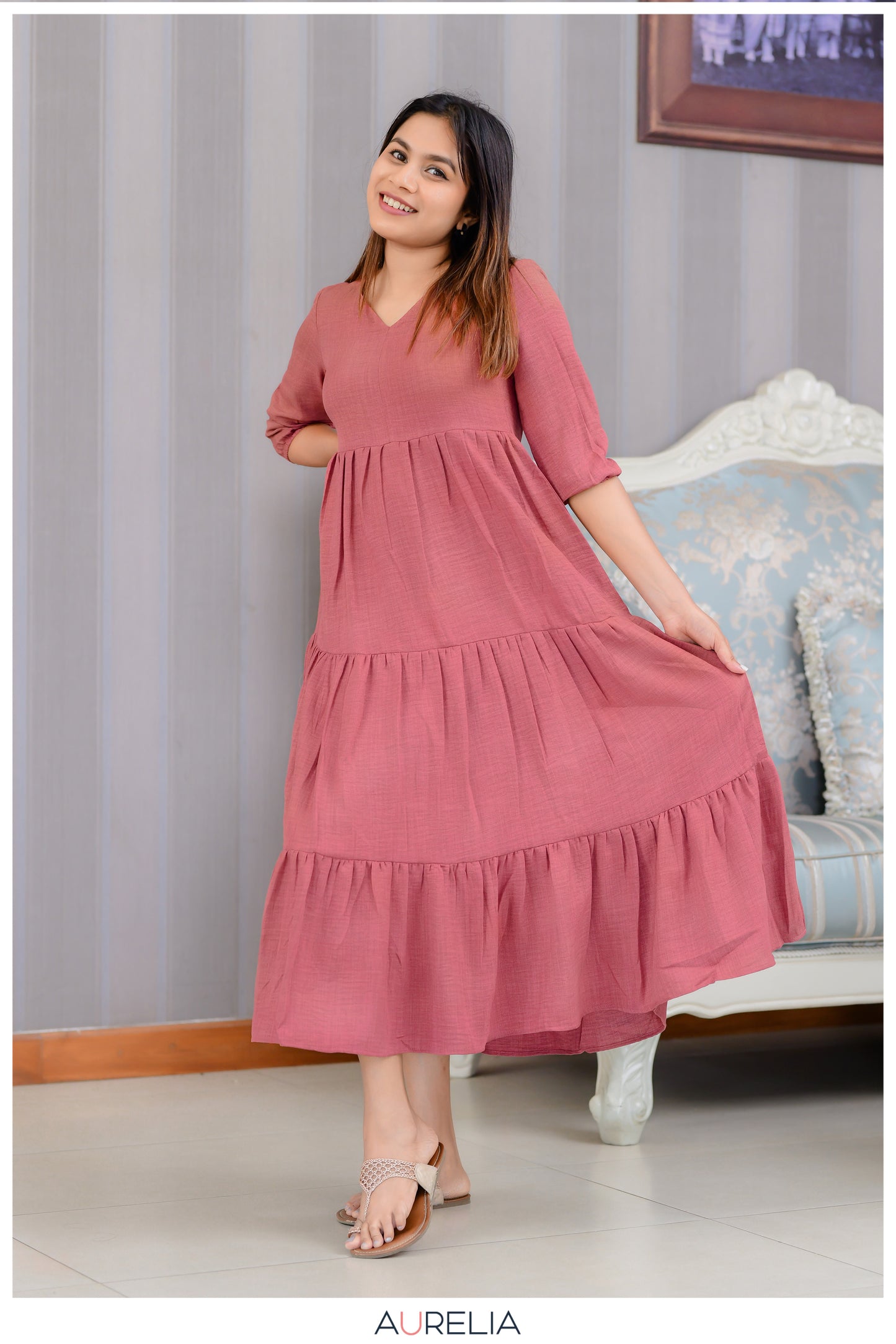 V NECKLINE SOLID LAYERED DRESS