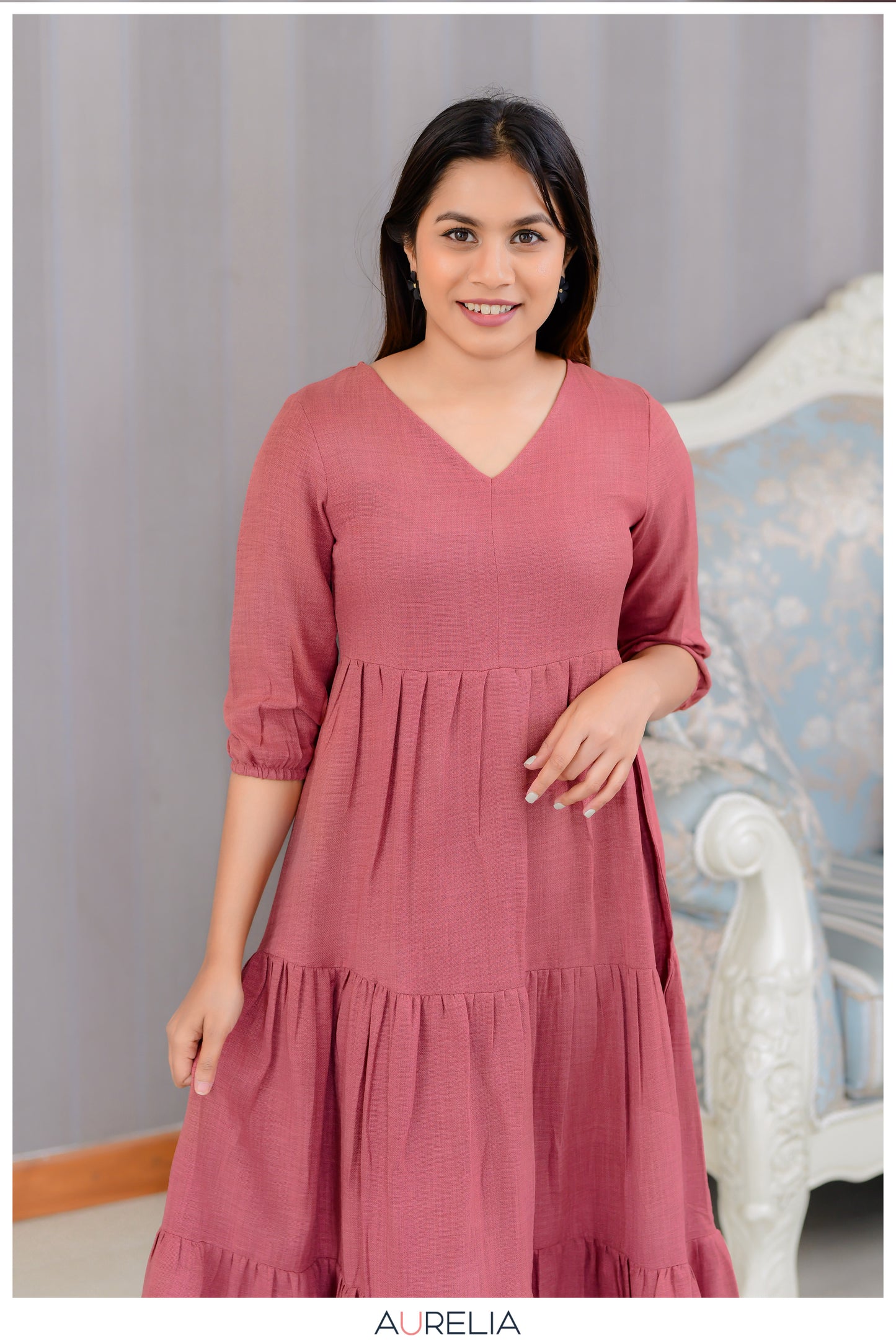 V NECKLINE SOLID LAYERED DRESS