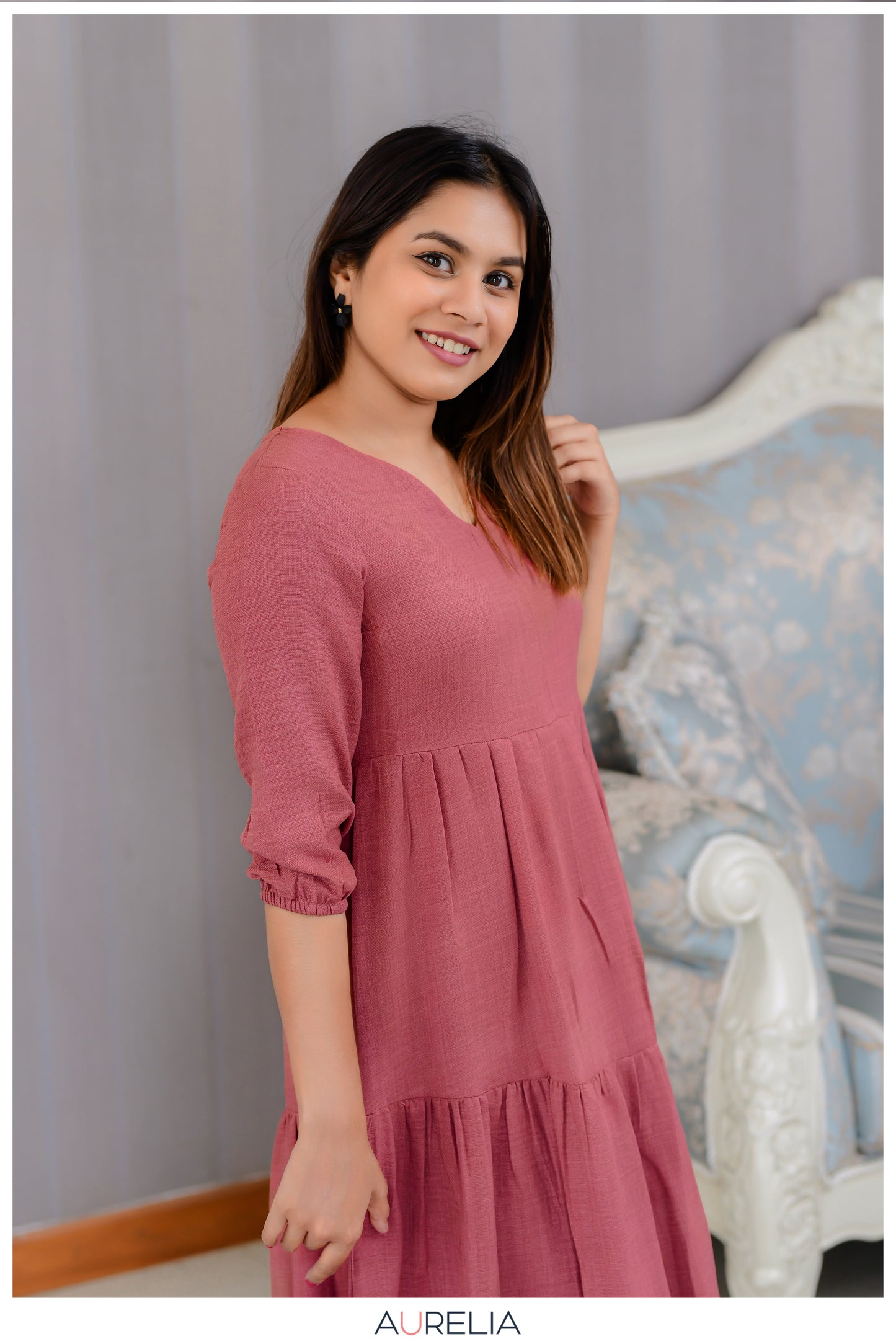 V NECKLINE SOLID LAYERED DRESS