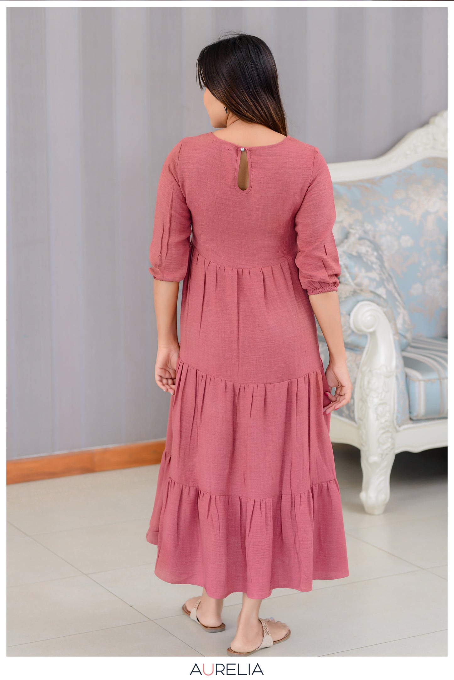 V NECKLINE SOLID LAYERED DRESS