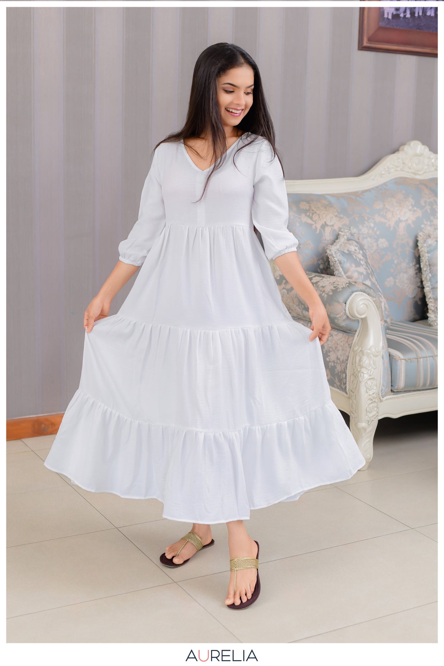 V NECKLINE SOLID LAYERED DRESS