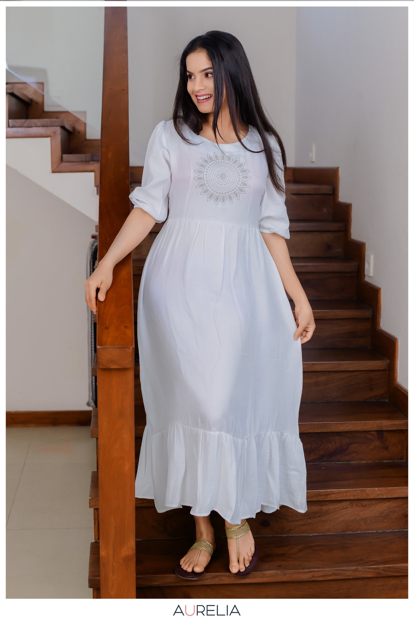 MANDALA EMBROIDERED PUFF SLEEVE LAYERED DRESS
