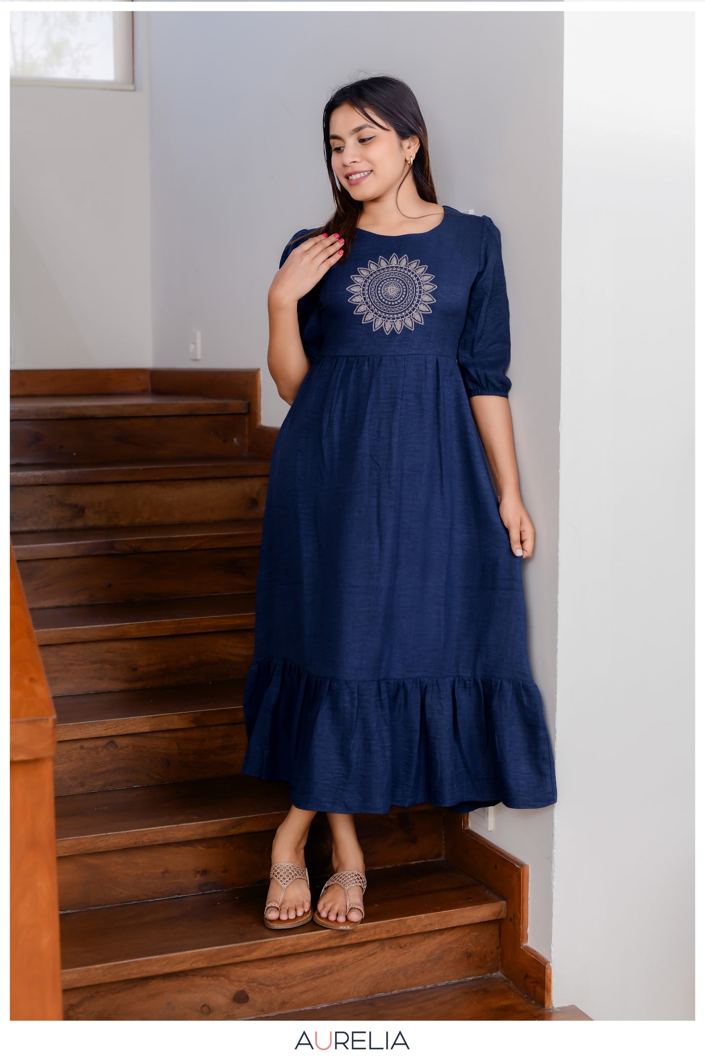 MANDALA EMBROIDERED PUFF SLEEVE LAYERED DRESS