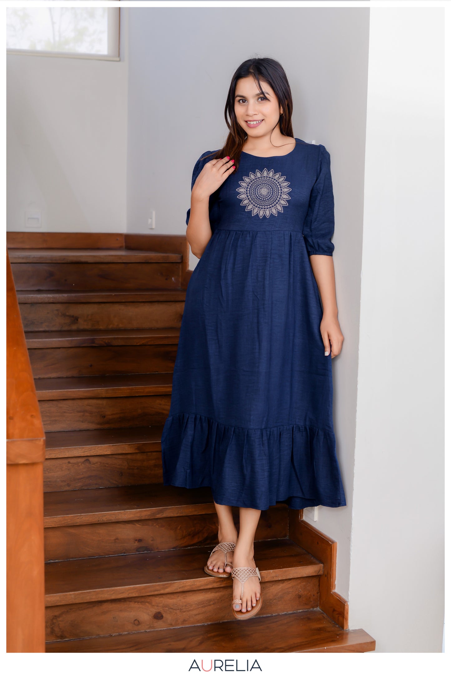 MANDALA EMBROIDERED PUFF SLEEVE LAYERED DRESS
