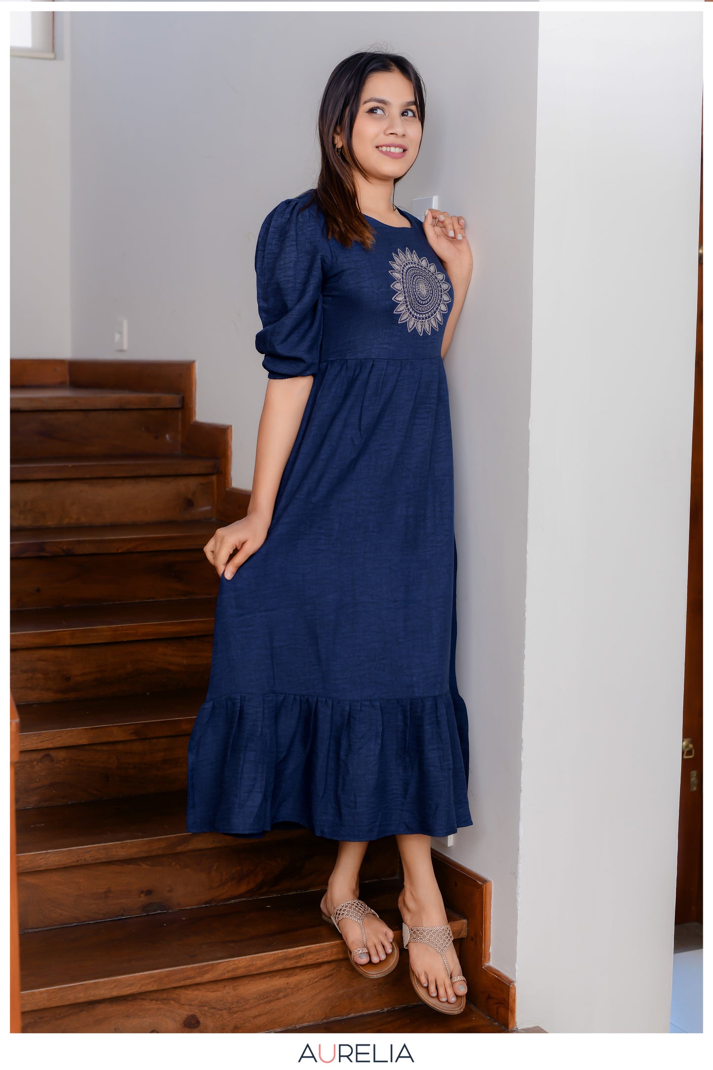 MANDALA EMBROIDERED PUFF SLEEVE LAYERED DRESS