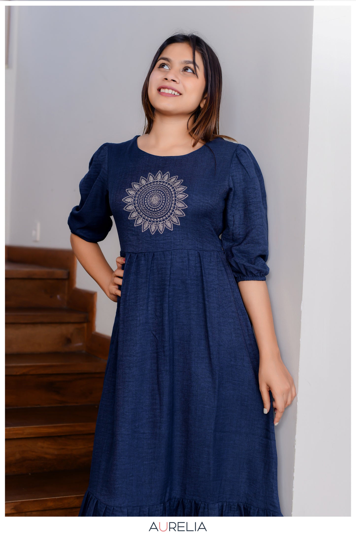 MANDALA EMBROIDERED PUFF SLEEVE LAYERED DRESS