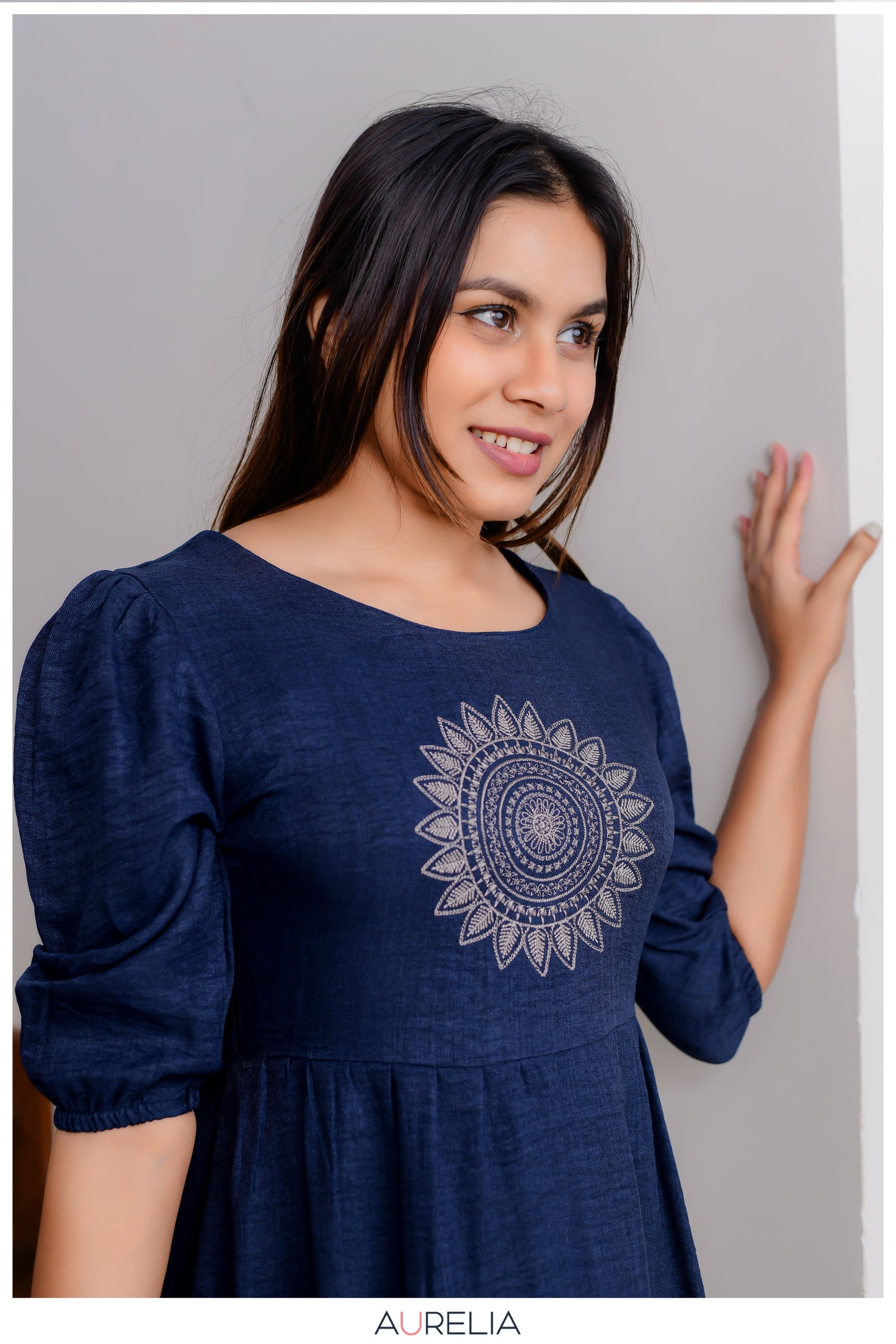 MANDALA EMBROIDERED PUFF SLEEVE LAYERED DRESS
