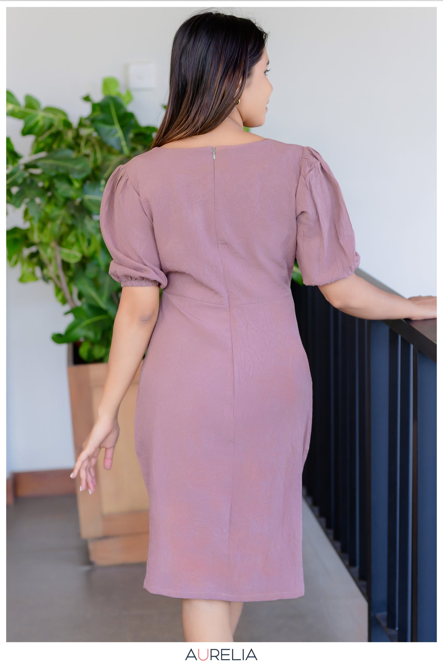V NECKLINE SOLID PUFF SLEEVE BODYCON DRESS