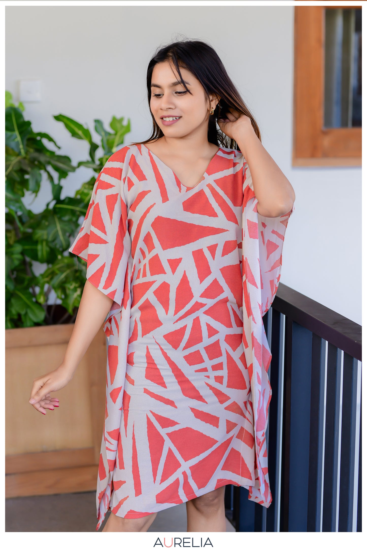 V NECKLINE GEO PRINTED KAFTAN