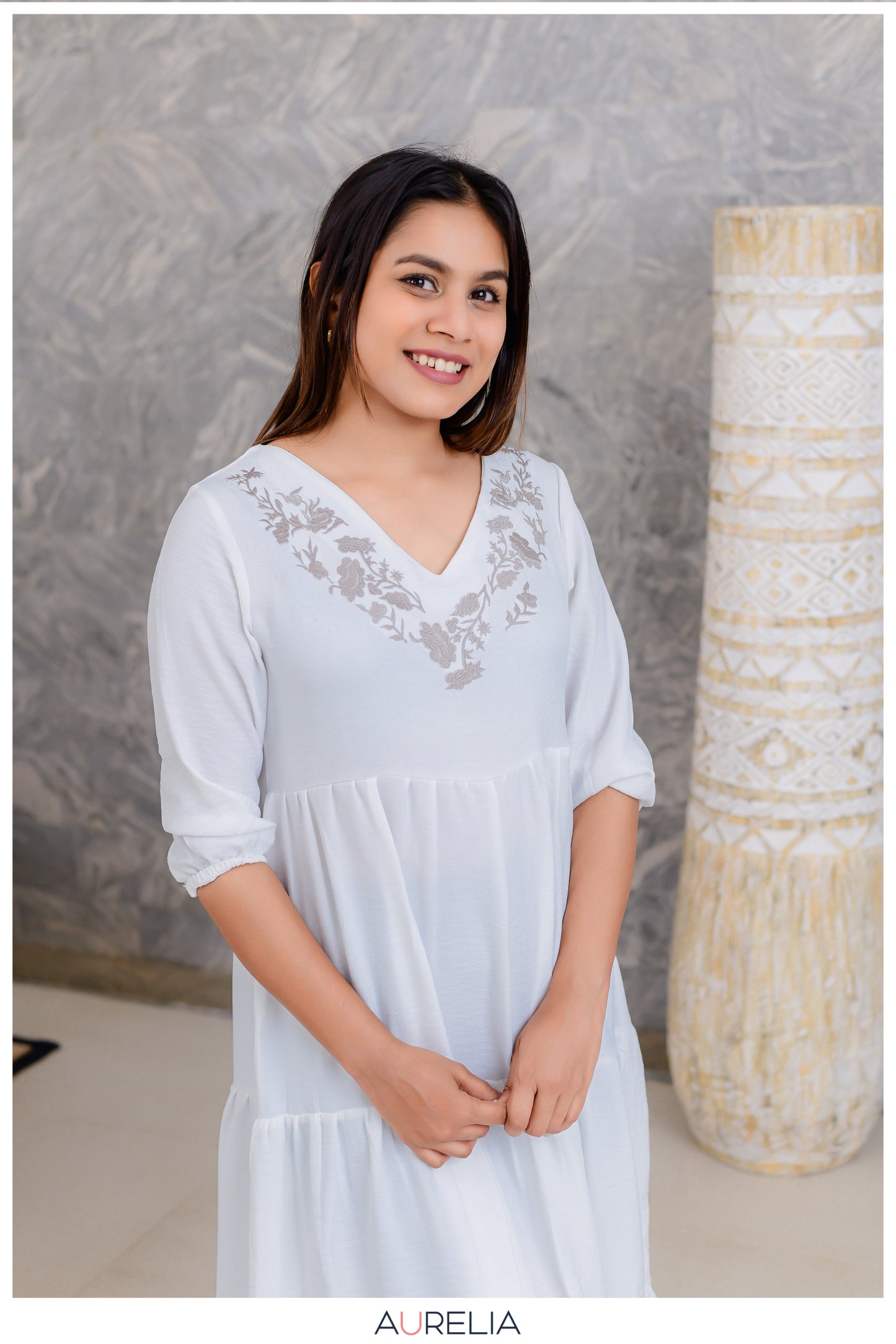 V NECKLINE EMBROIDERED LAYERED DRESS