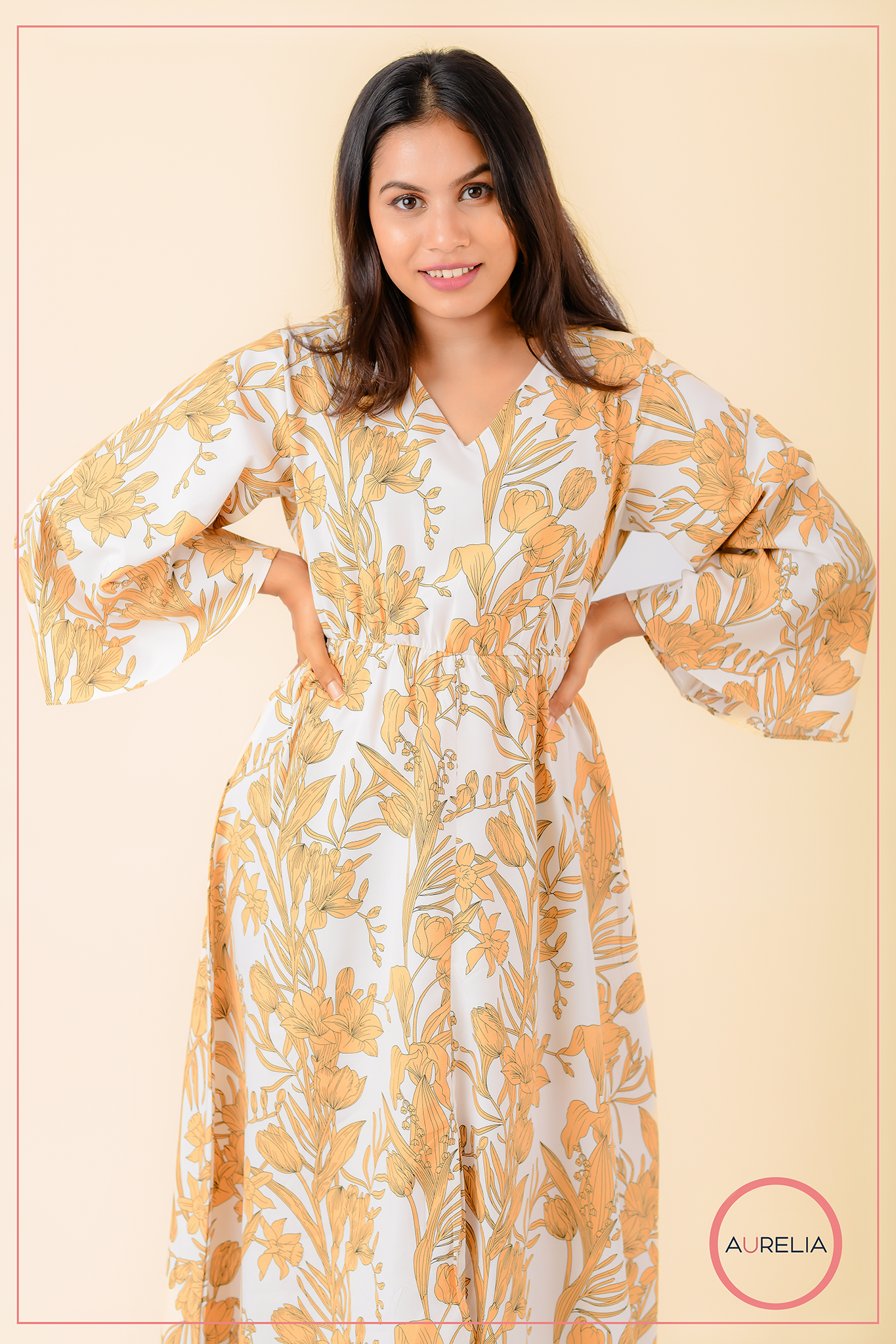 AURELIA YELLOW FLORAL FRONT SLIT LONG DRESS