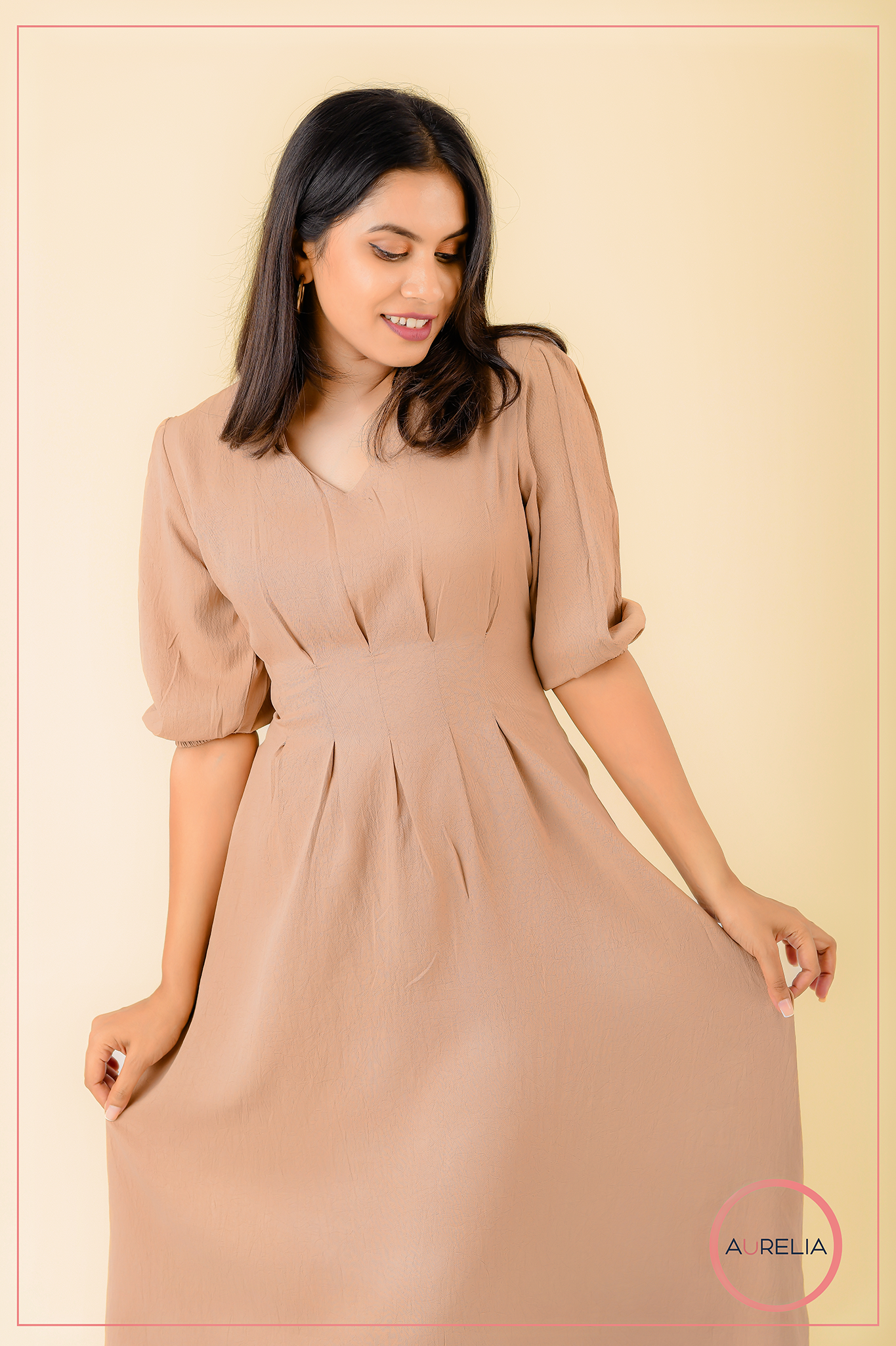 BEIGE MID PLEATED MIDI DRESS