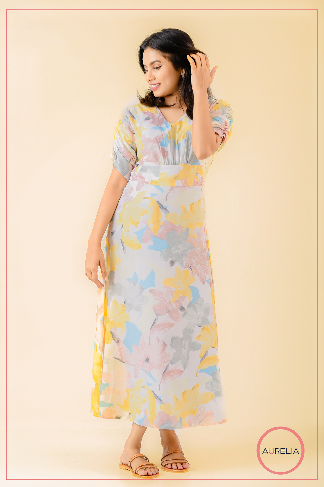 V NECK MID BELTED YELLOW DRESS