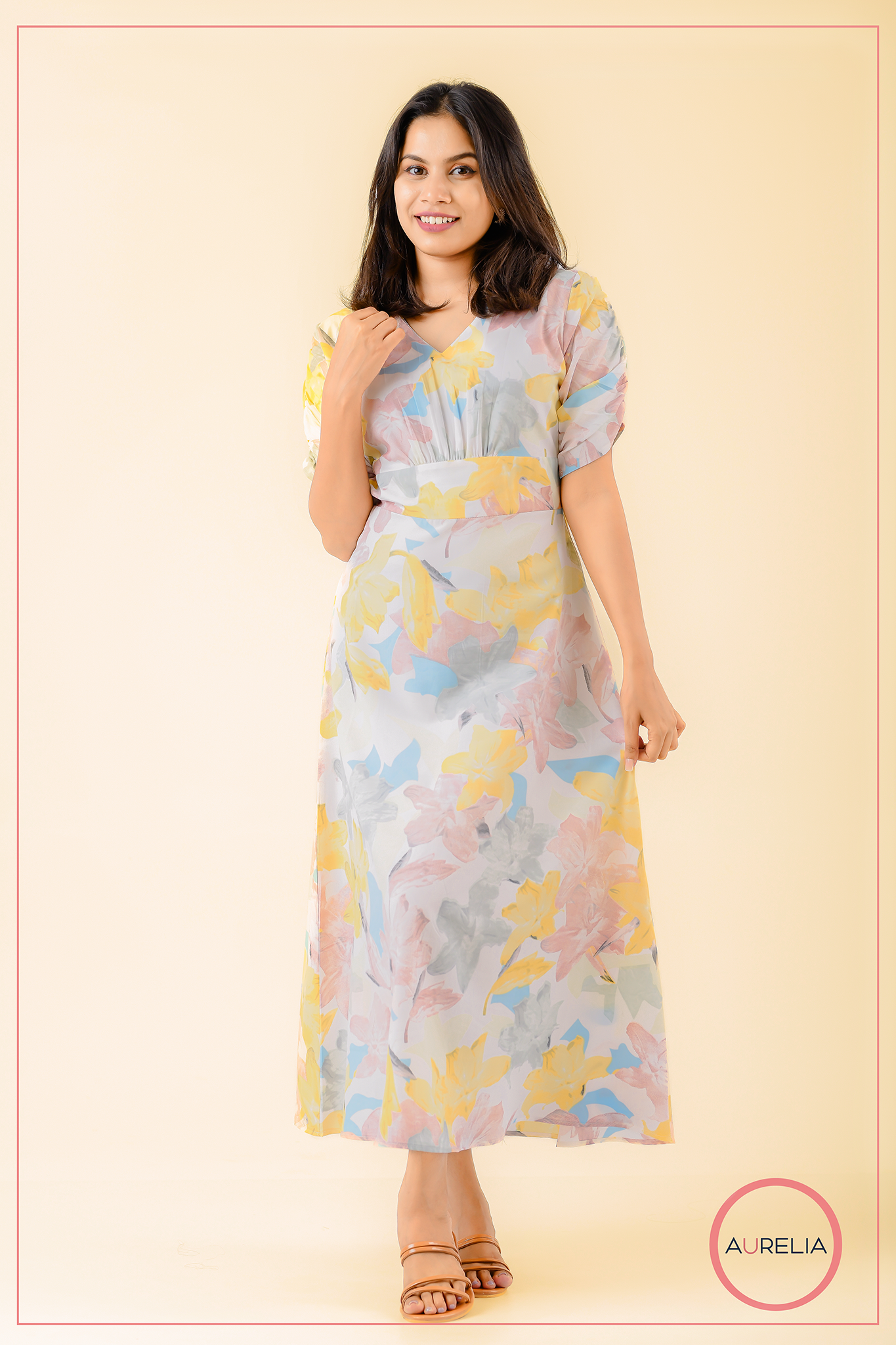 V NECK MID BELTED YELLOW DRESS