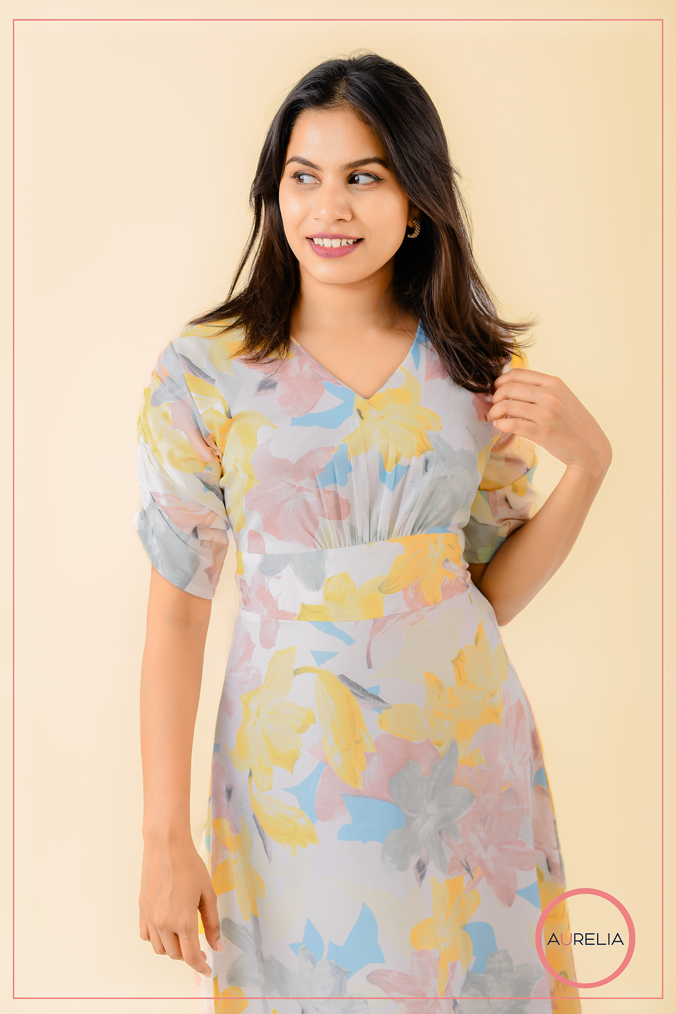V NECK MID BELTED YELLOW DRESS