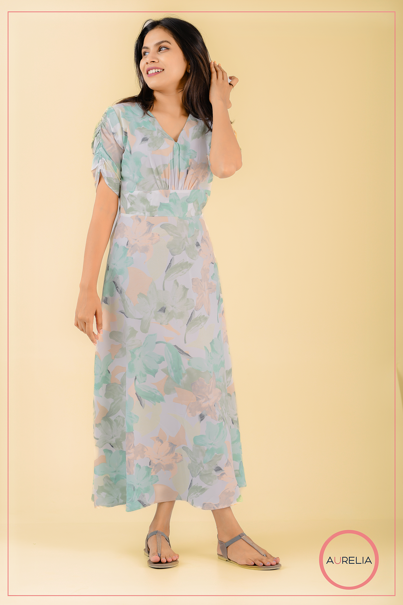 V NECK MID BELTED GREEN DRESS