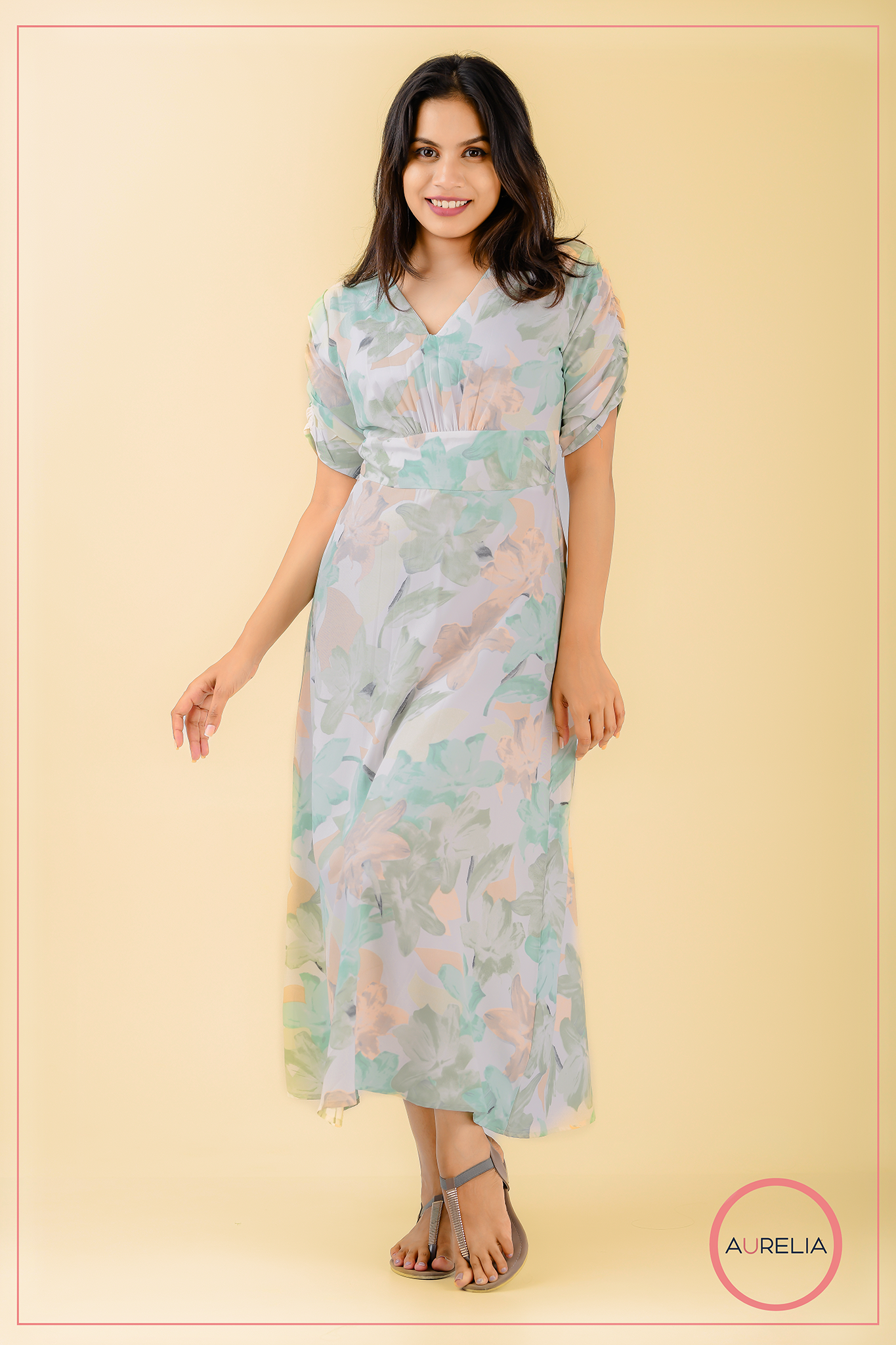 V NECK MID BELTED GREEN DRESS