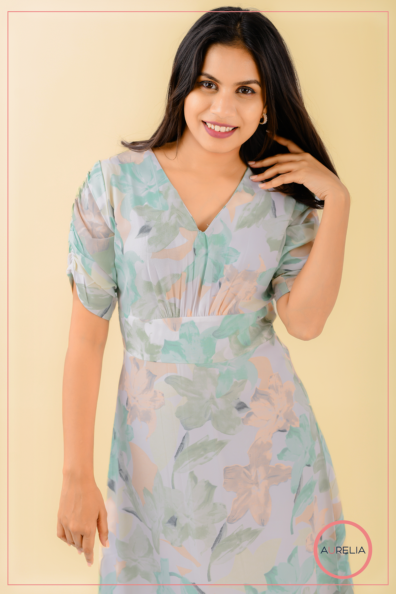 V NECK MID BELTED GREEN DRESS