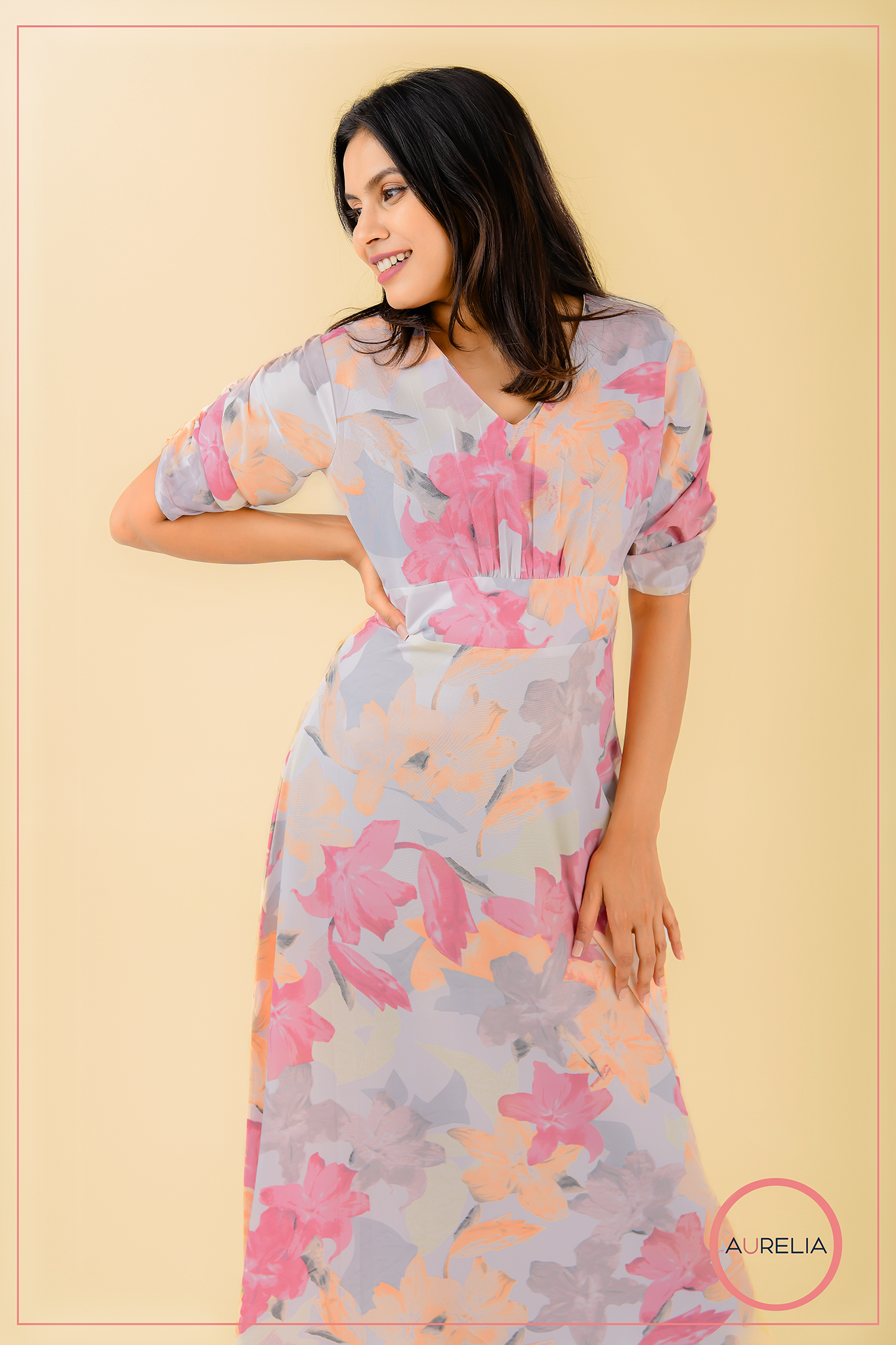 V NECK MID BELTED PINK DRESS