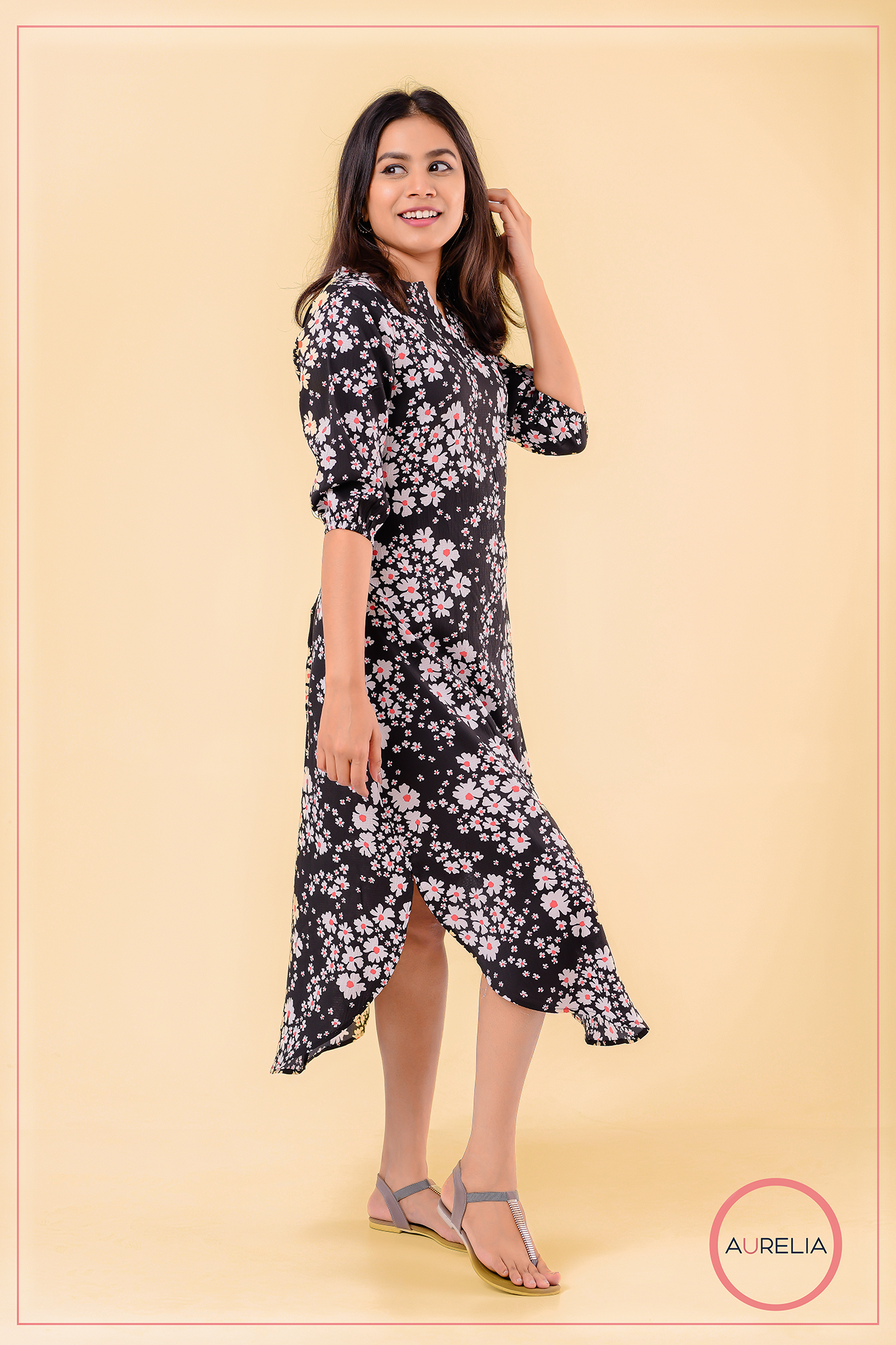 FLORAL V NECK PLACKET MIDI DRESS