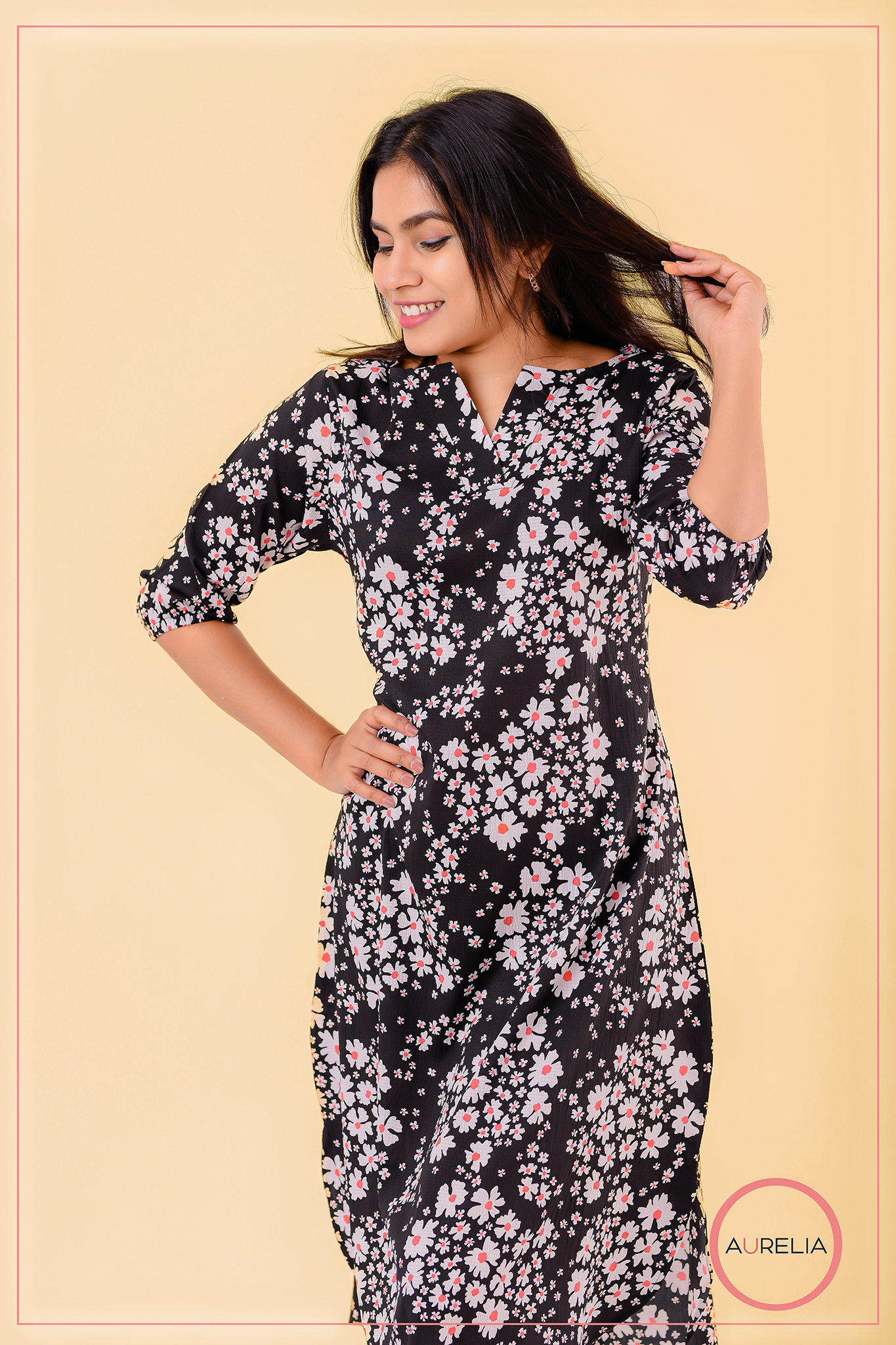 FLORAL V NECK PLACKET MIDI DRESS