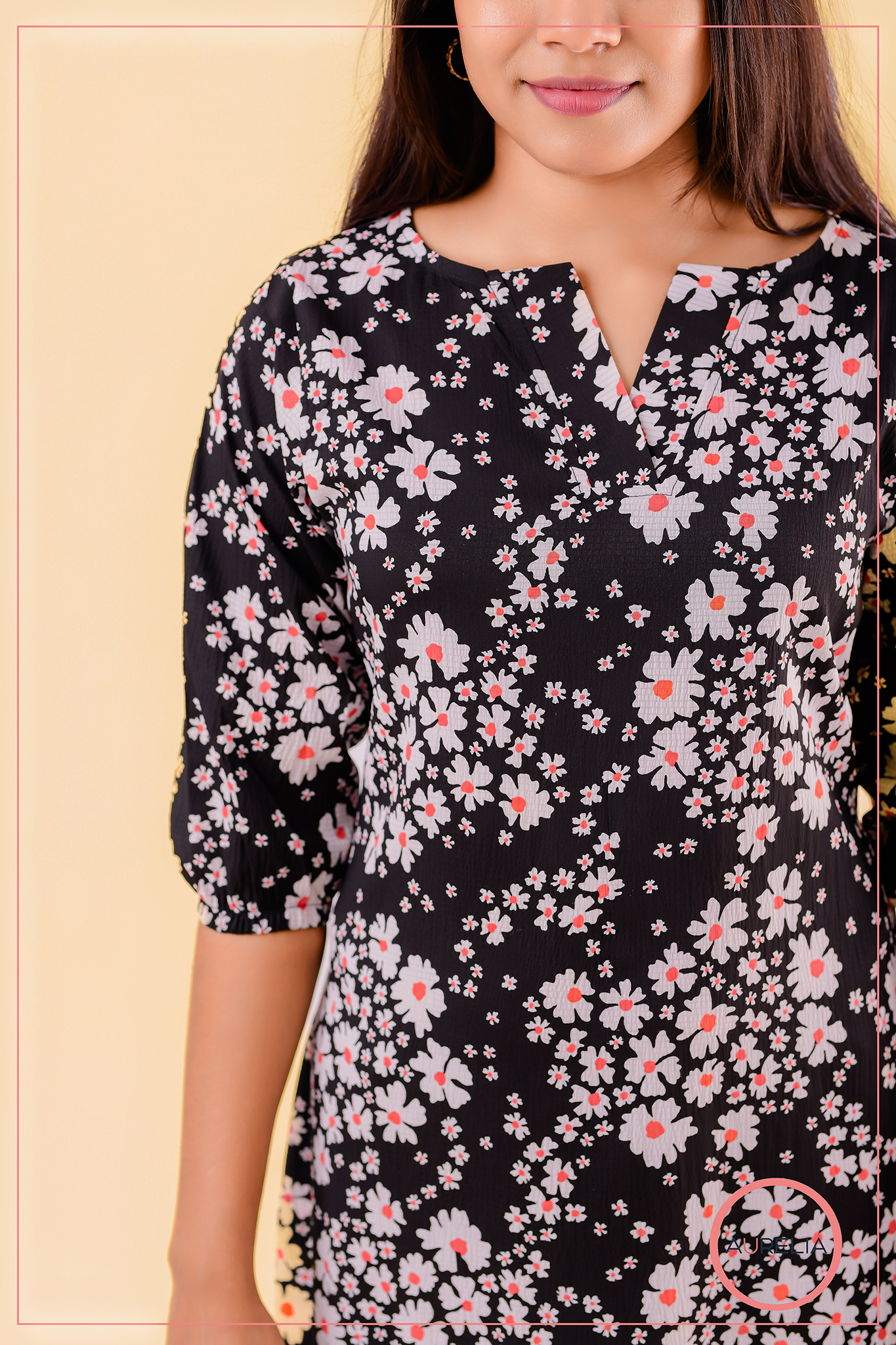 FLORAL V NECK PLACKET MIDI DRESS