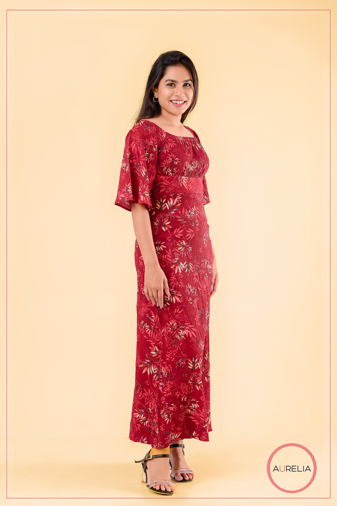 FLORAL FRONT GATHERED MID BELTED LONG DRESS