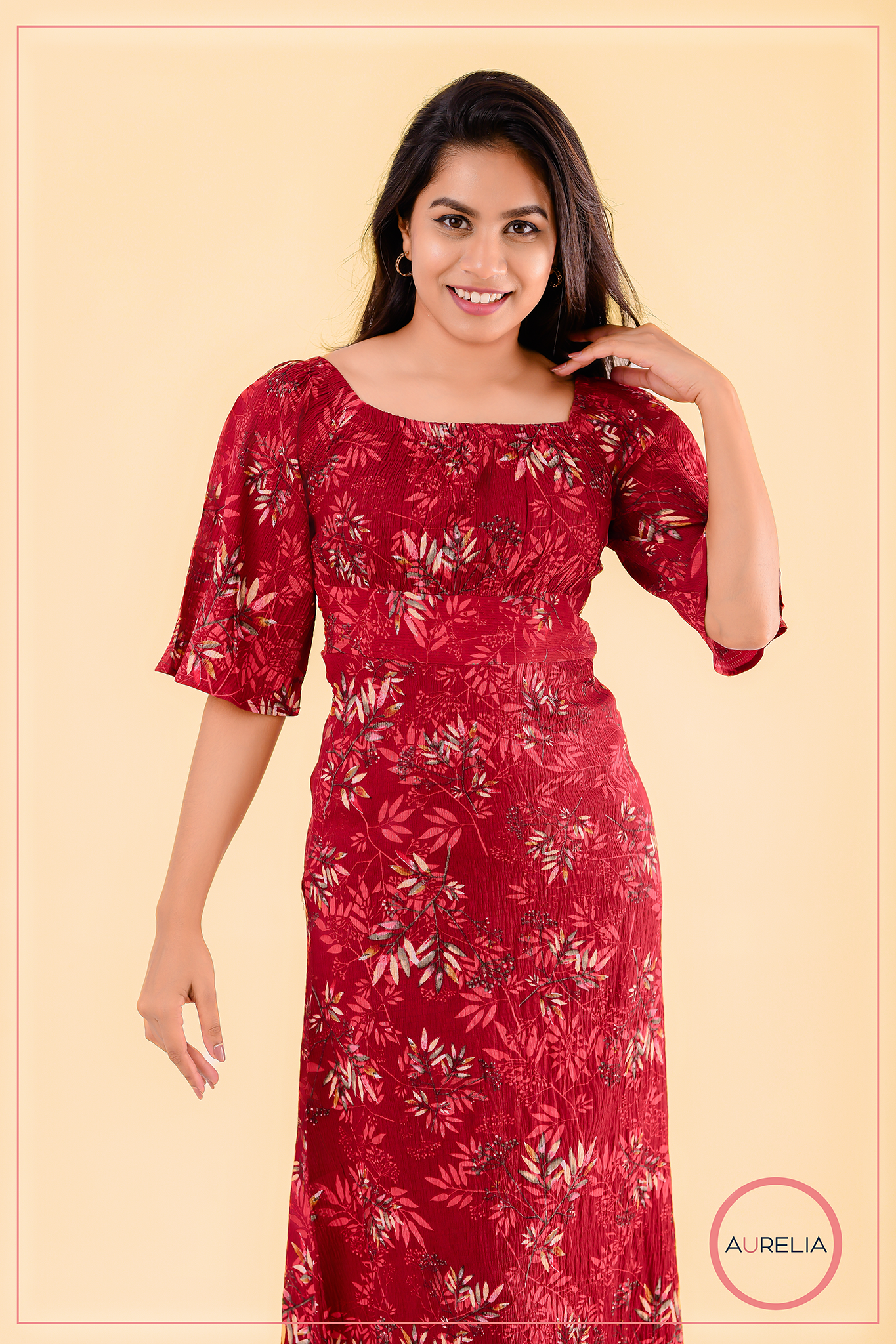 FLORAL FRONT GATHERED MID BELTED LONG DRESS