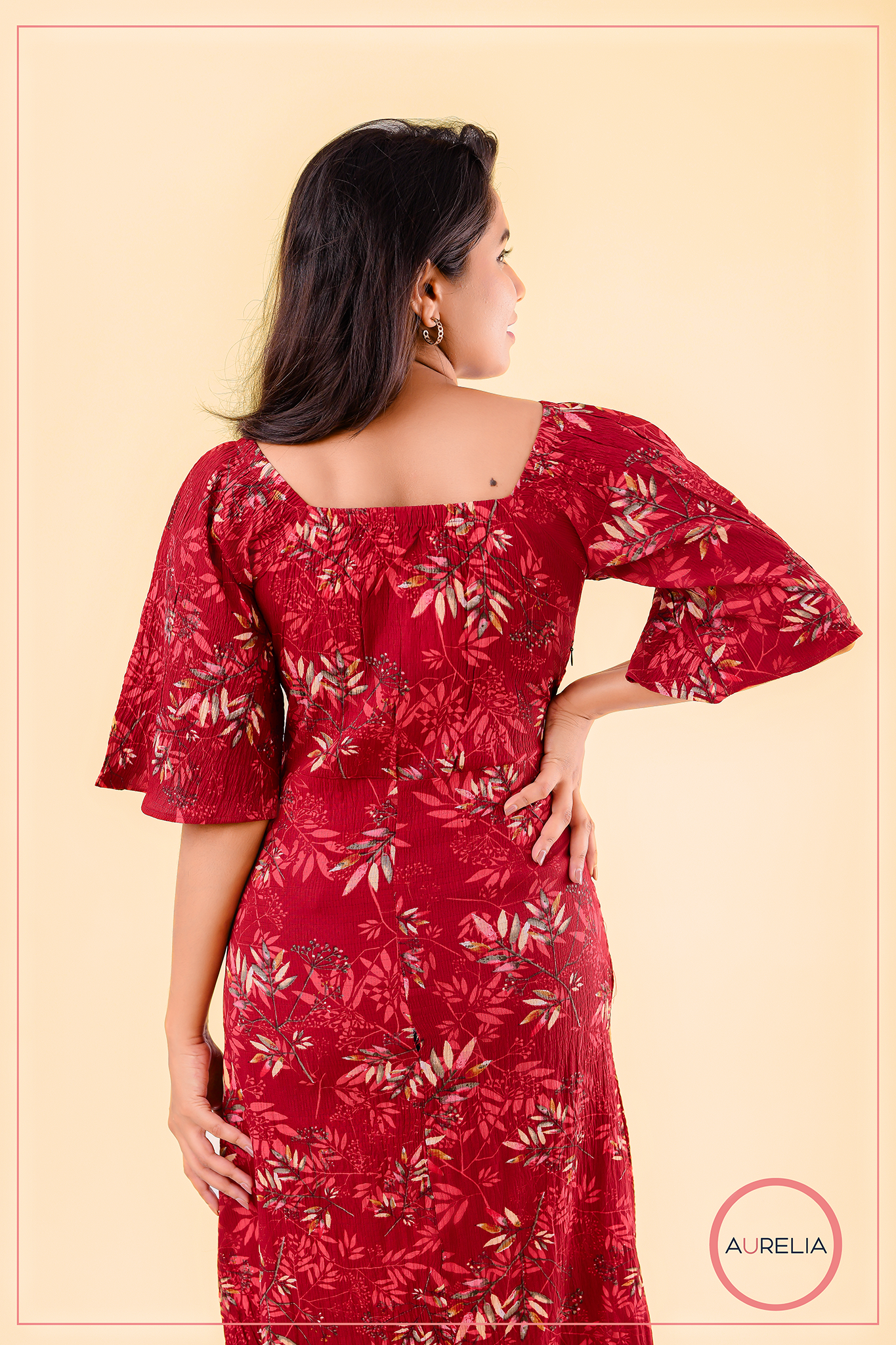 FLORAL FRONT GATHERED MID BELTED LONG DRESS