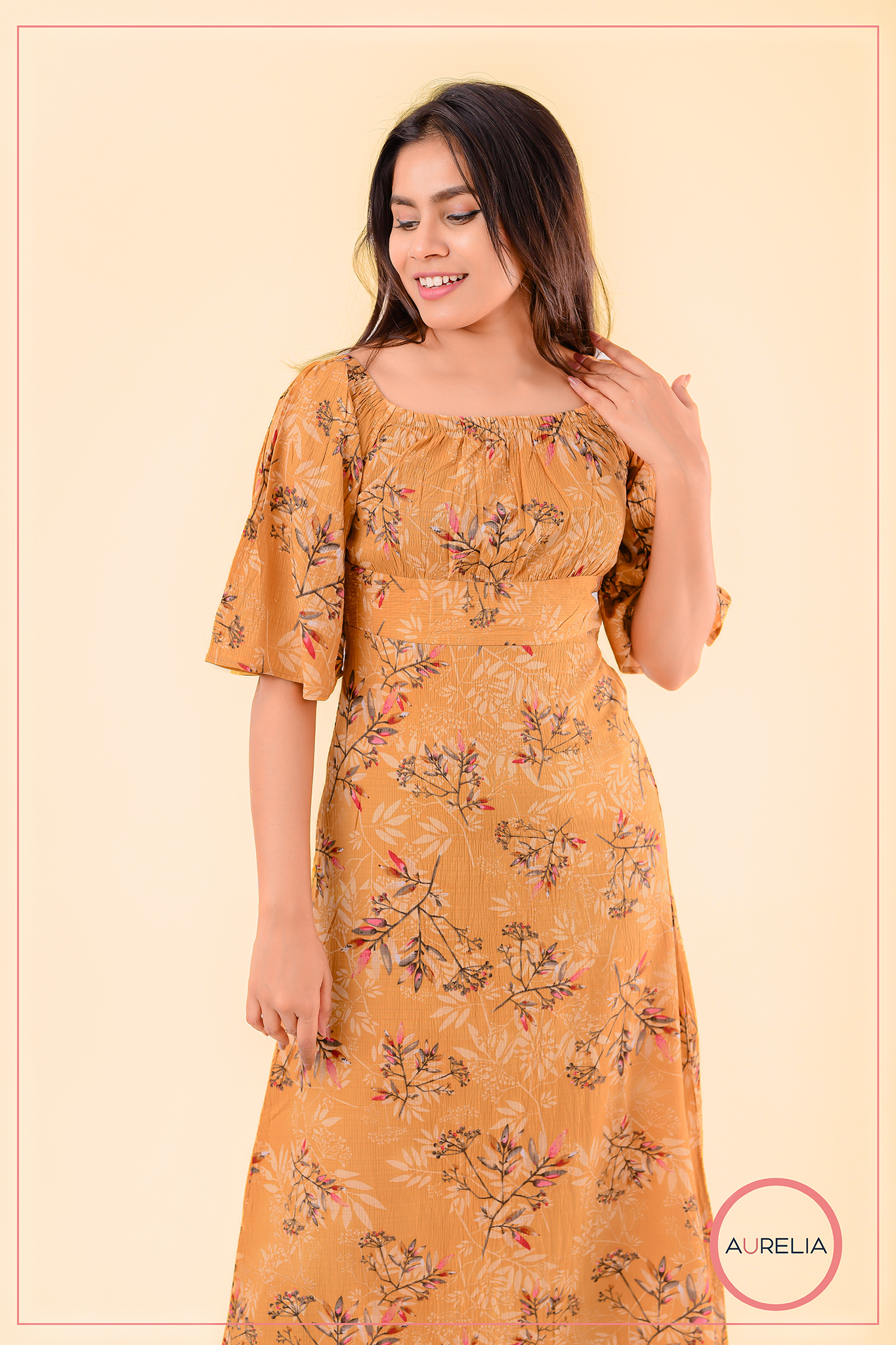 FLORAL FRONT GATHERED MID BELTED LONG DRESS