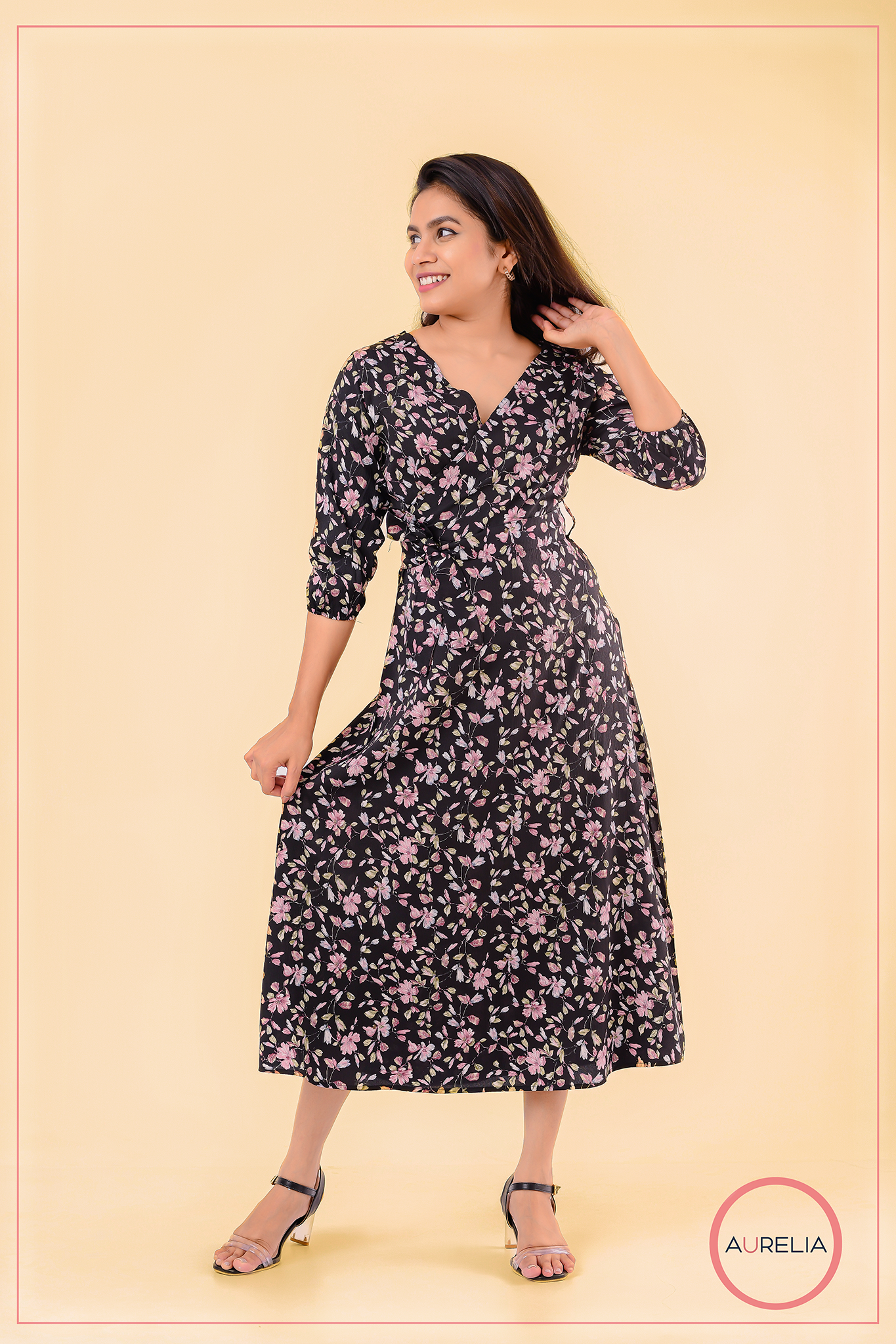 FLORAL MOCK WRAP DETAILED MIDI DRESS