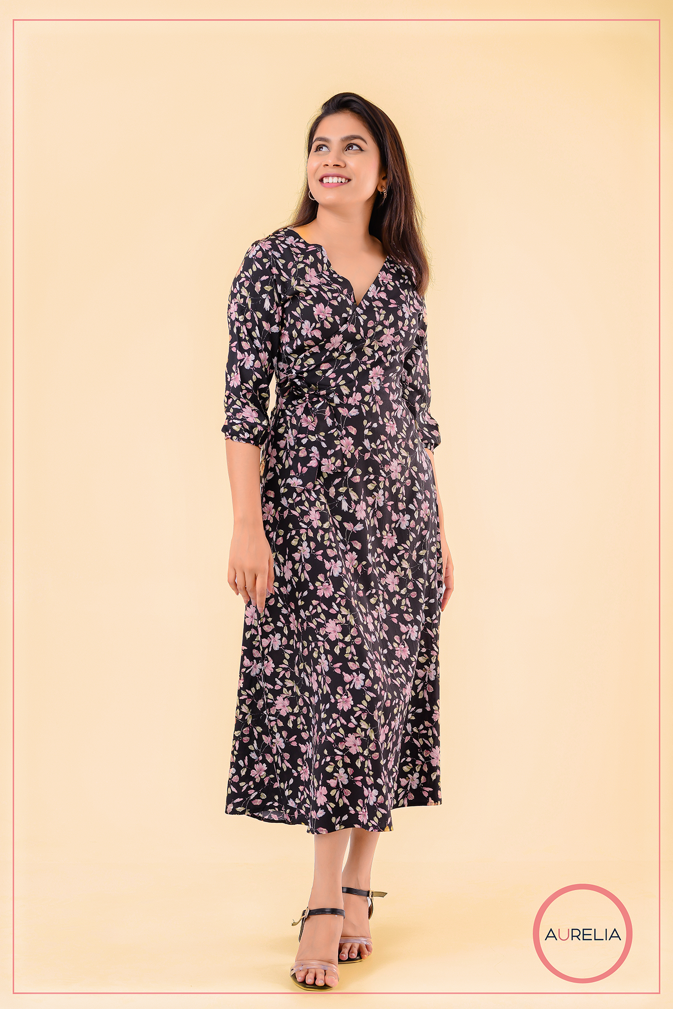 FLORAL MOCK WRAP DETAILED MIDI DRESS