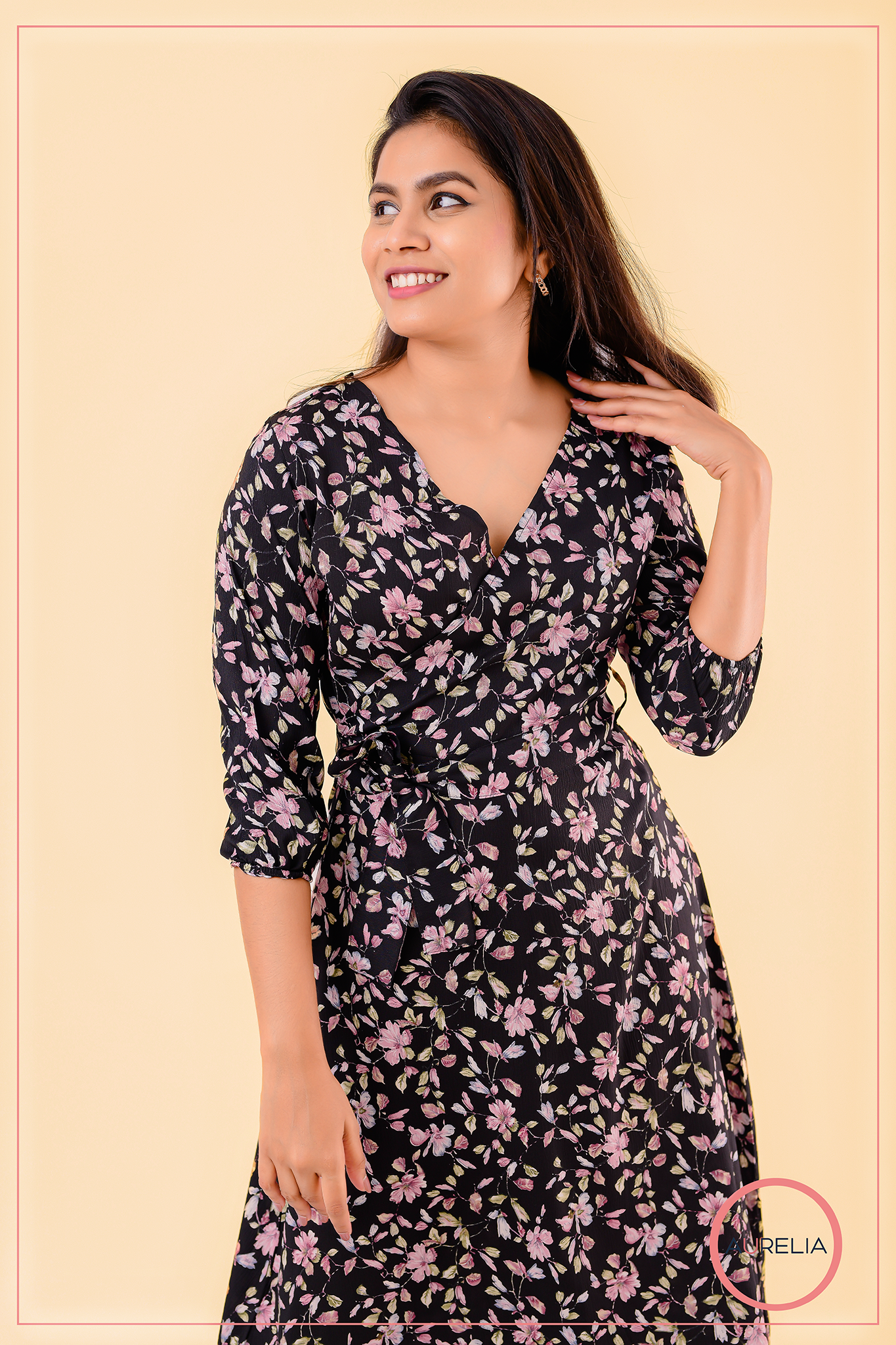 FLORAL MOCK WRAP DETAILED MIDI DRESS