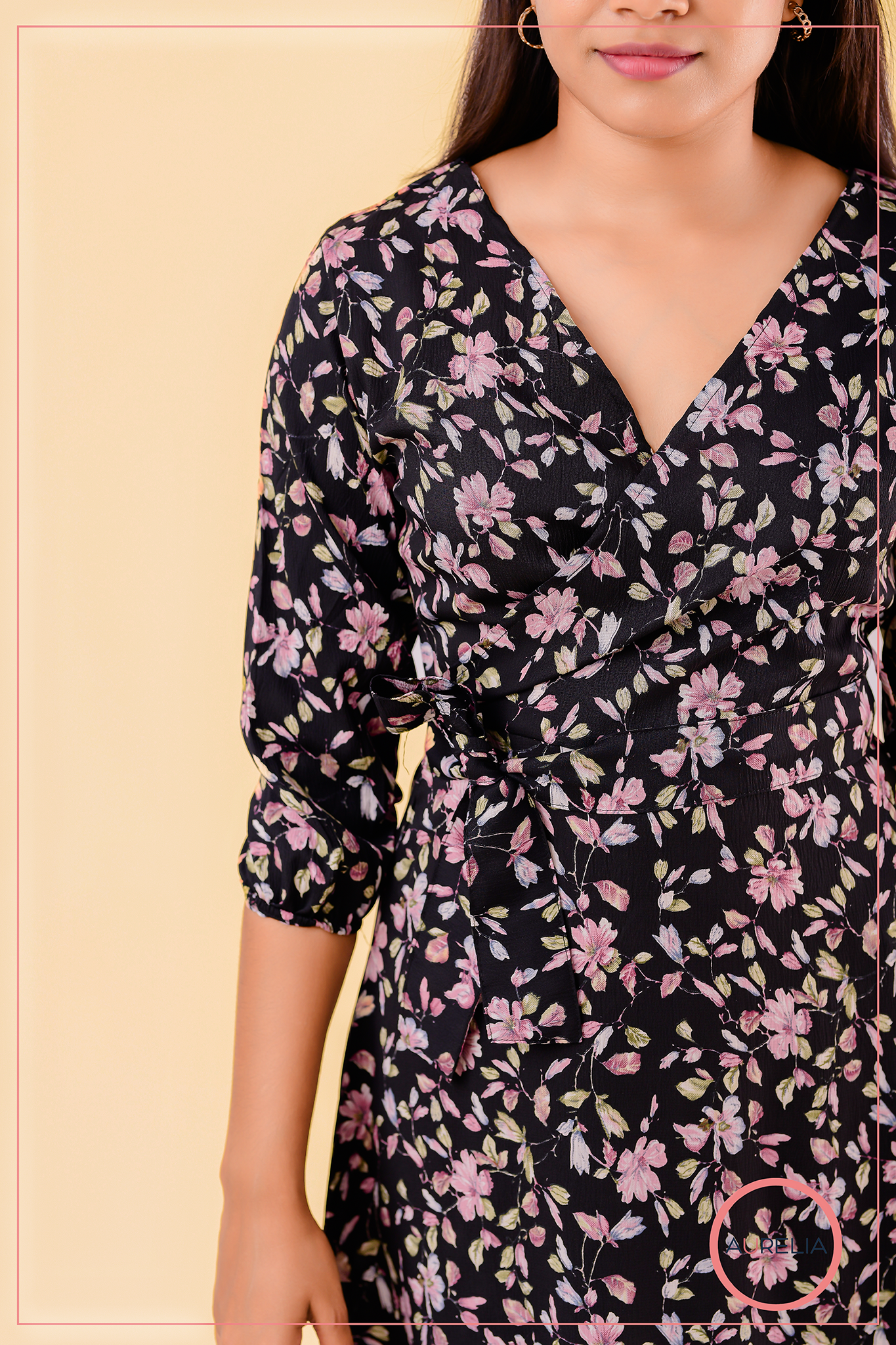 FLORAL MOCK WRAP DETAILED MIDI DRESS