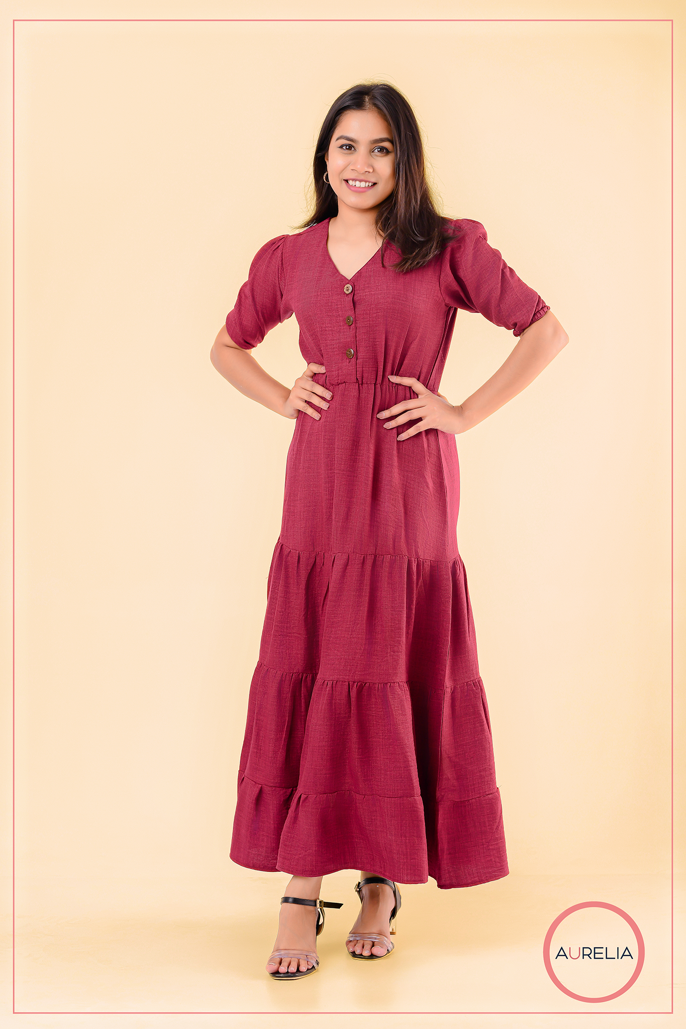 PLAIN TOP BUTTONED GATHERED LONG DRESS