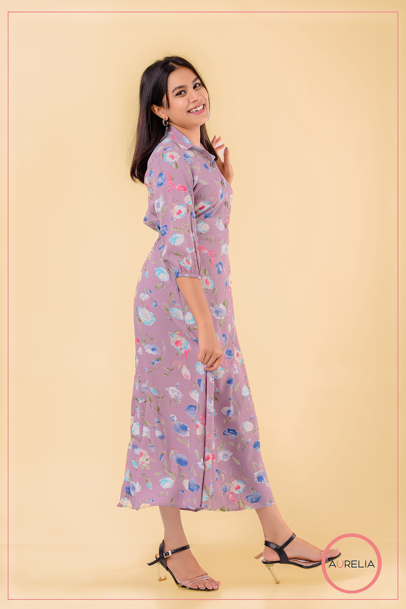 FLORAL SHIRT COLLAR MIDI DRESS