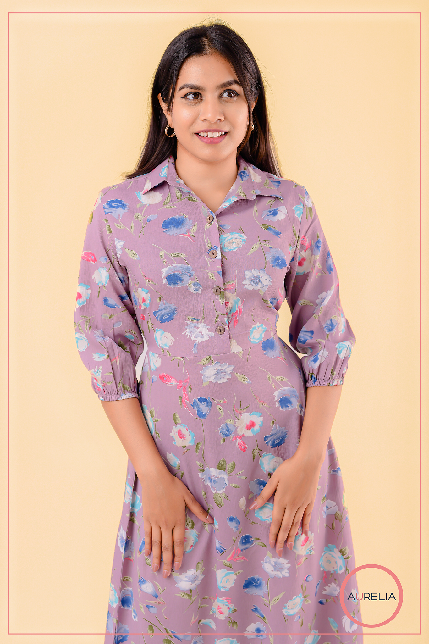 FLORAL SHIRT COLLAR MIDI DRESS