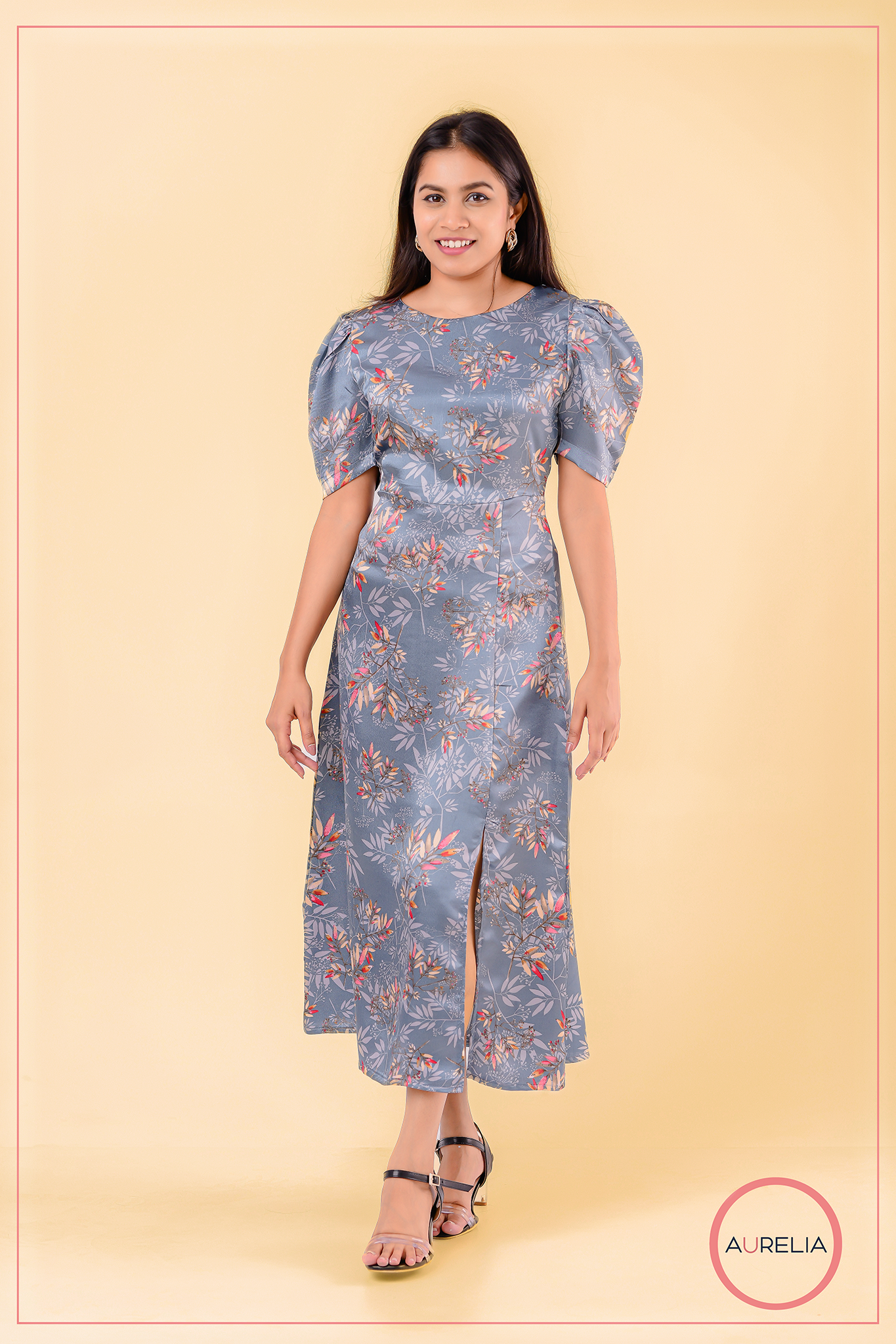 FLORAL SLEEVE GATHERED FRONT SLIT DRESS
