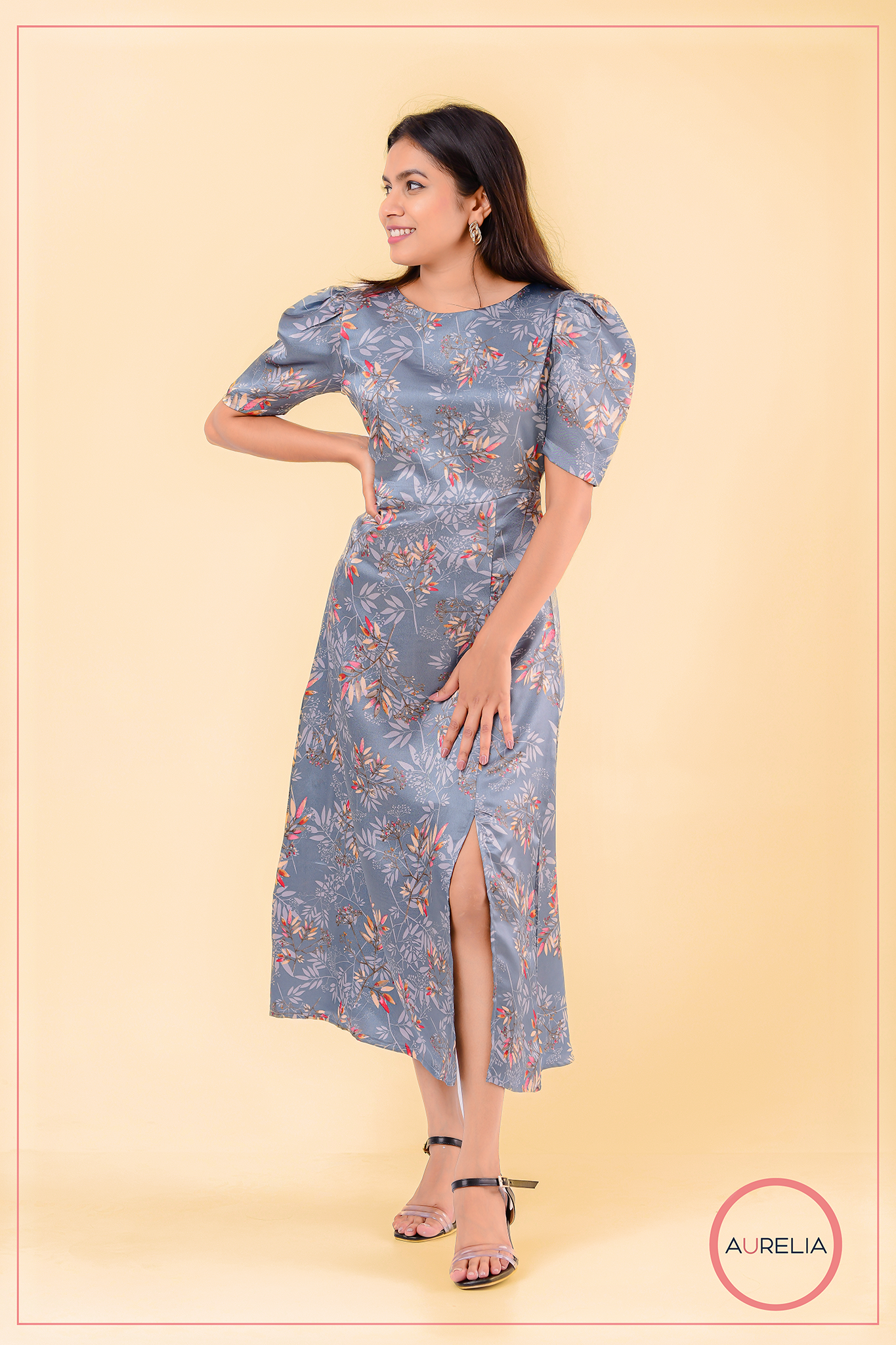 FLORAL SLEEVE GATHERED FRONT SLIT DRESS