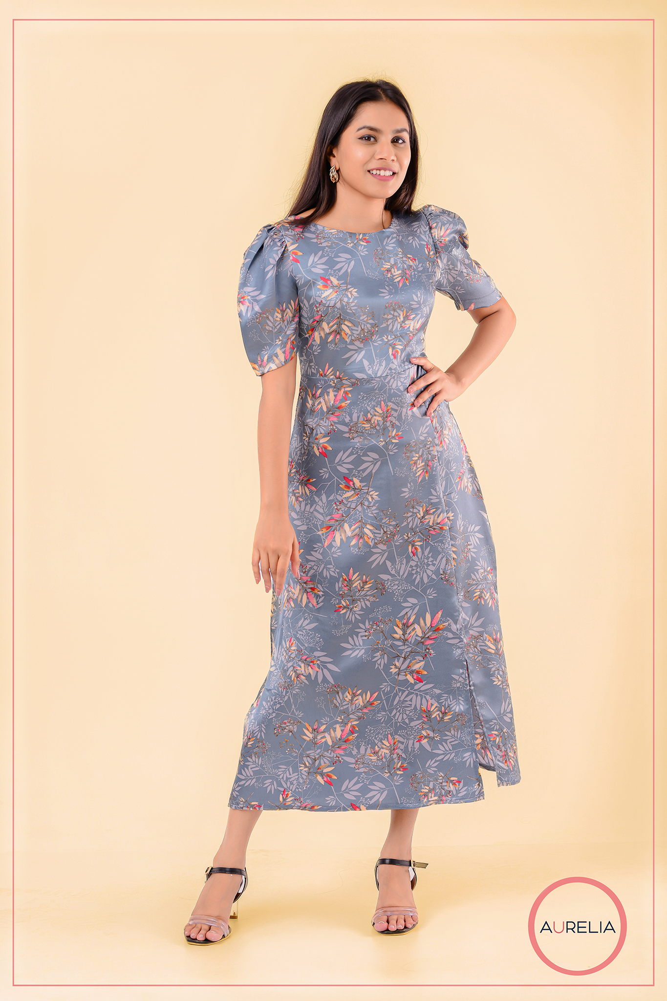 FLORAL SLEEVE GATHERED FRONT SLIT DRESS