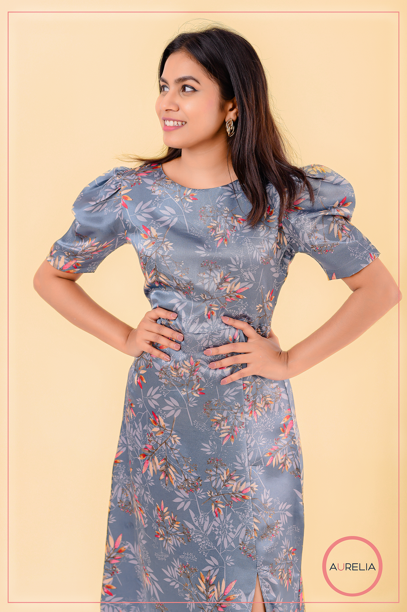 FLORAL SLEEVE GATHERED FRONT SLIT DRESS