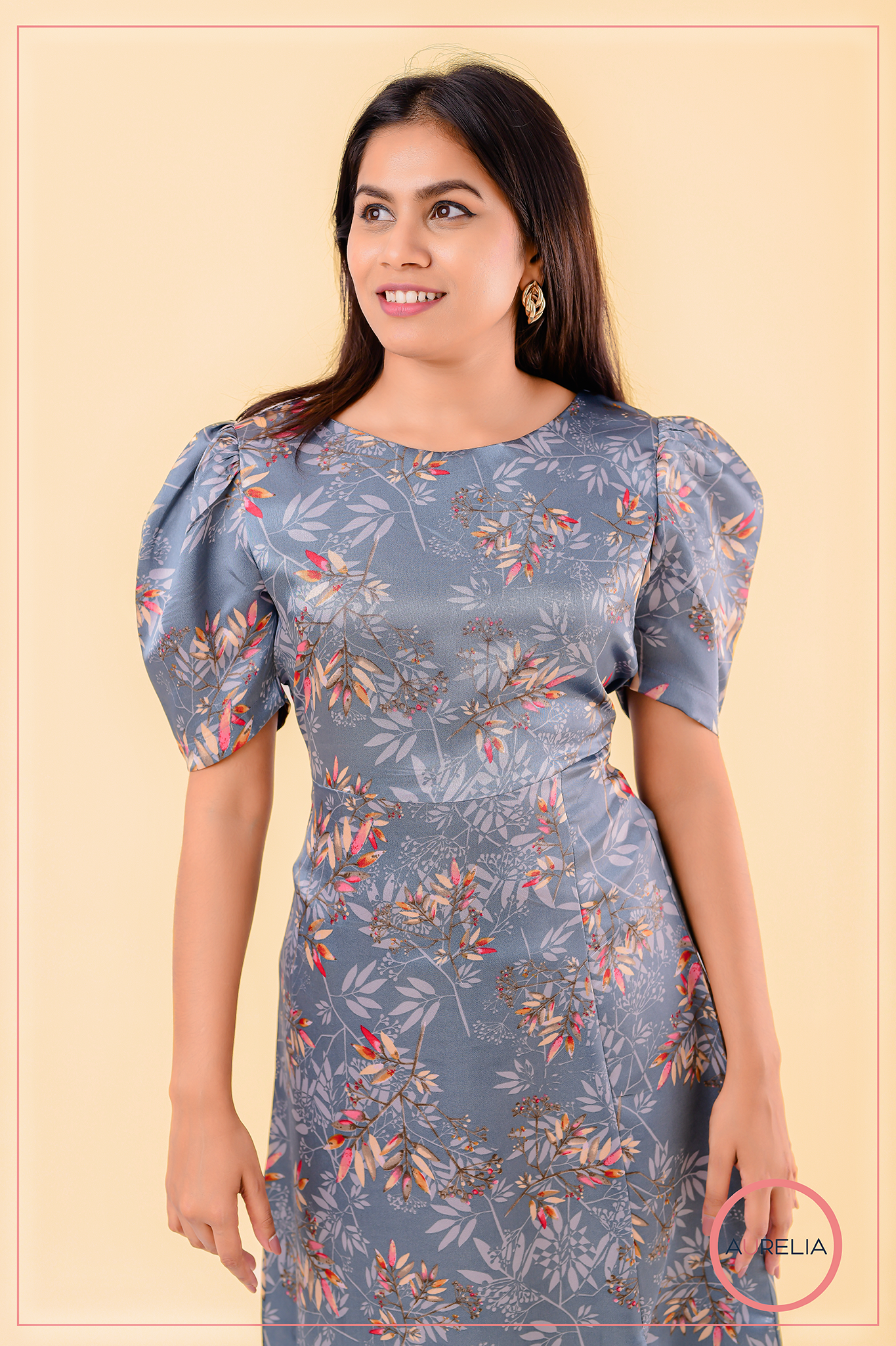 FLORAL SLEEVE GATHERED FRONT SLIT DRESS