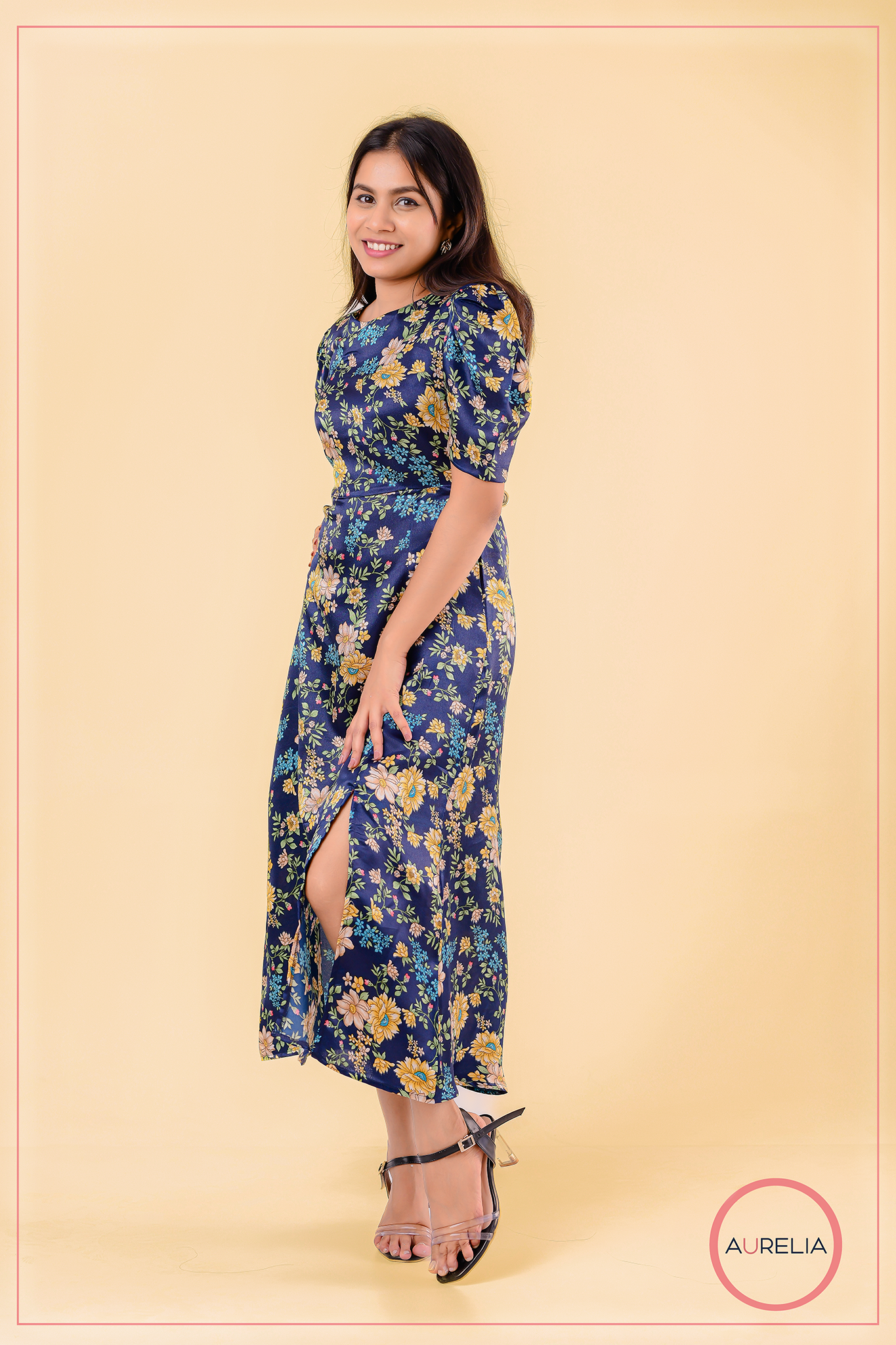 FLORAL SLEEVE GATHERED FRONT SLIT DRESS