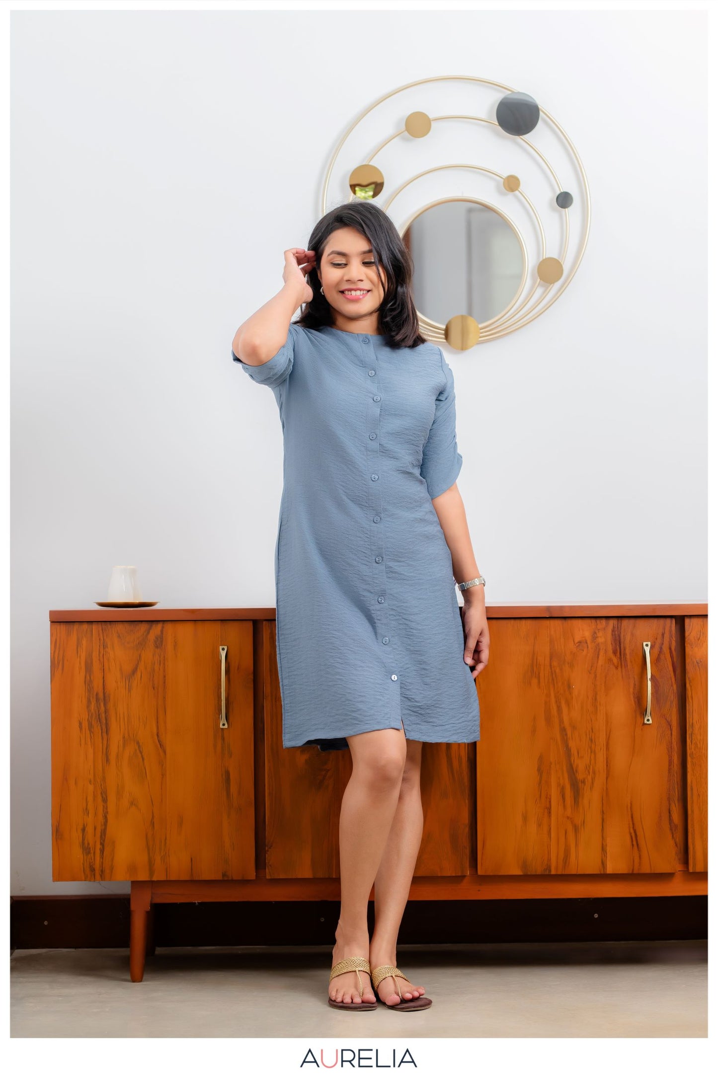 BUTTON DOWN SLEEVE GATHERED SHORT DRESS