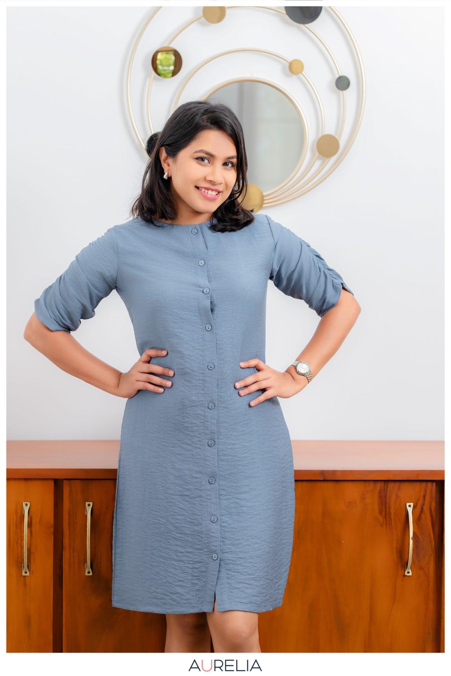 BUTTON DOWN SLEEVE GATHERED SHORT DRESS