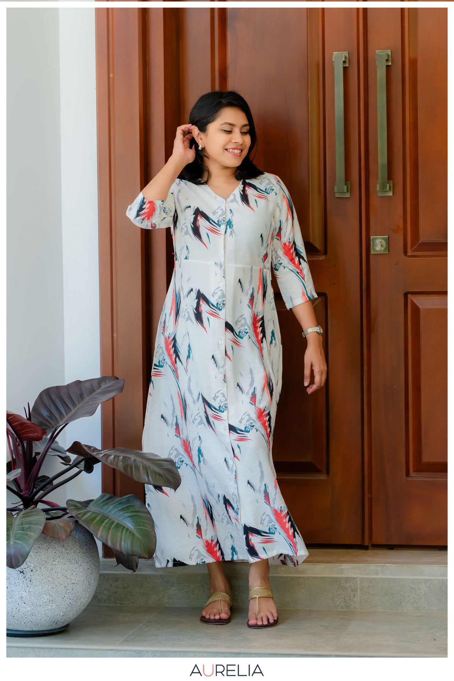 BUTTON DOWN PRINTED LONG DRESS