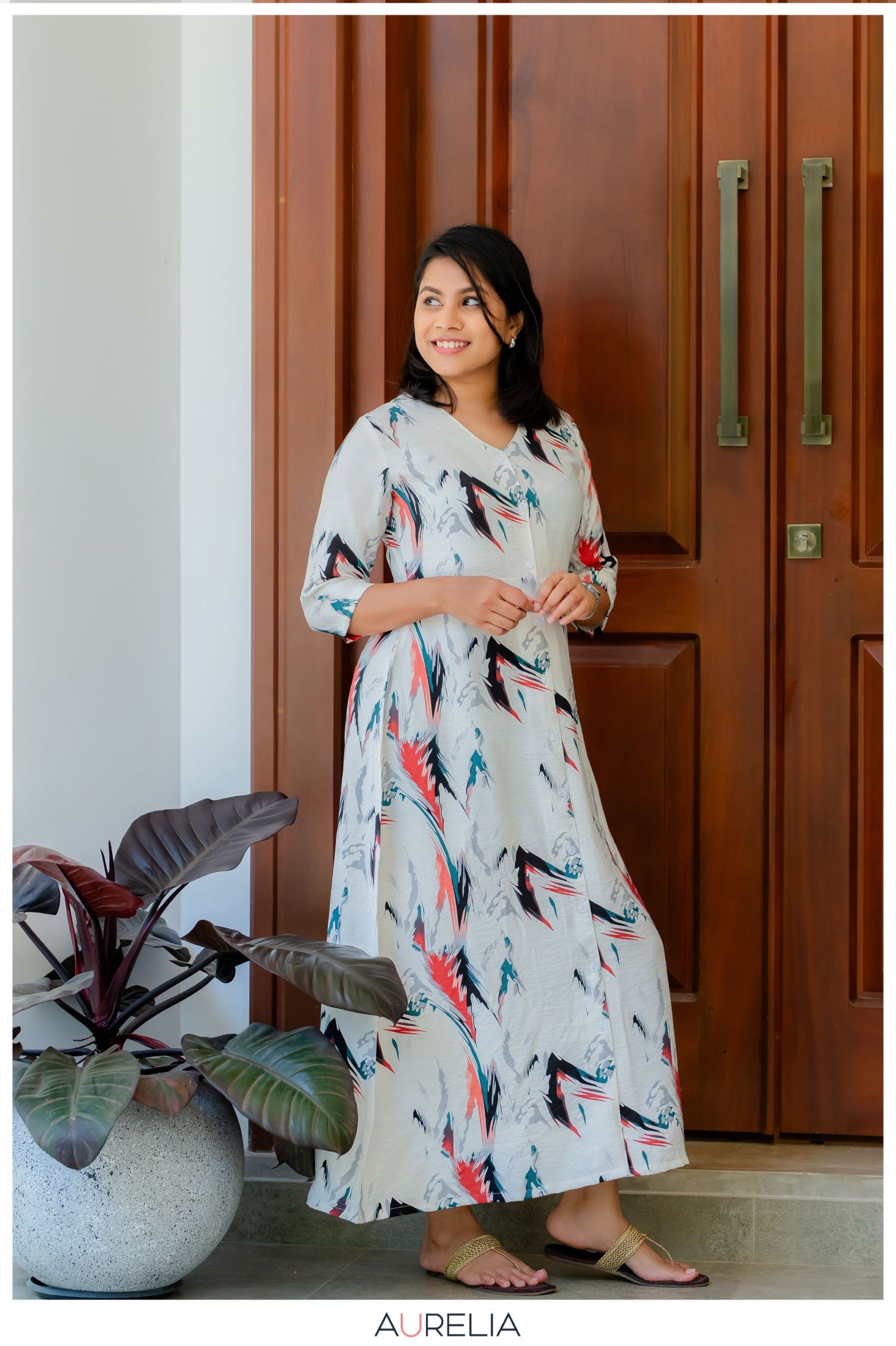 BUTTON DOWN PRINTED LONG DRESS